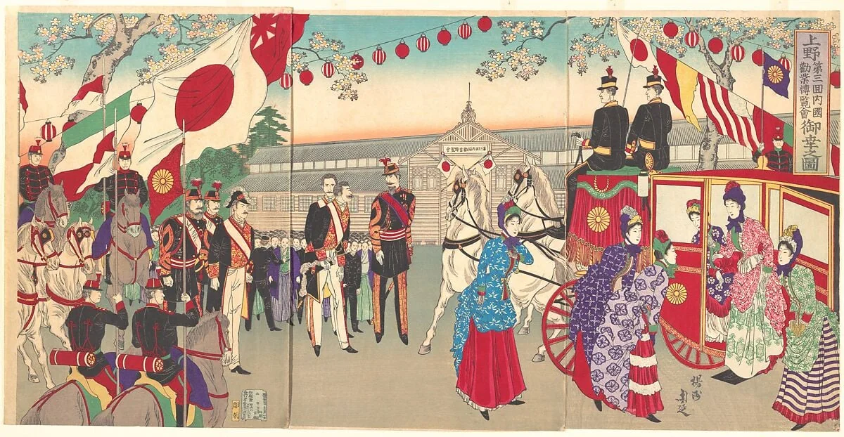 『上野第三回内国勧業 博覧会御幸之図』|Visit of the Empress to the Third National Industrial Promotional Exhibition at Ueno Park  (Ueno dai sankai  naikoku kangyō hakuran kai gyokō no zu), by Yōshū (Hashimoto) Chikanobu, ink, 1889