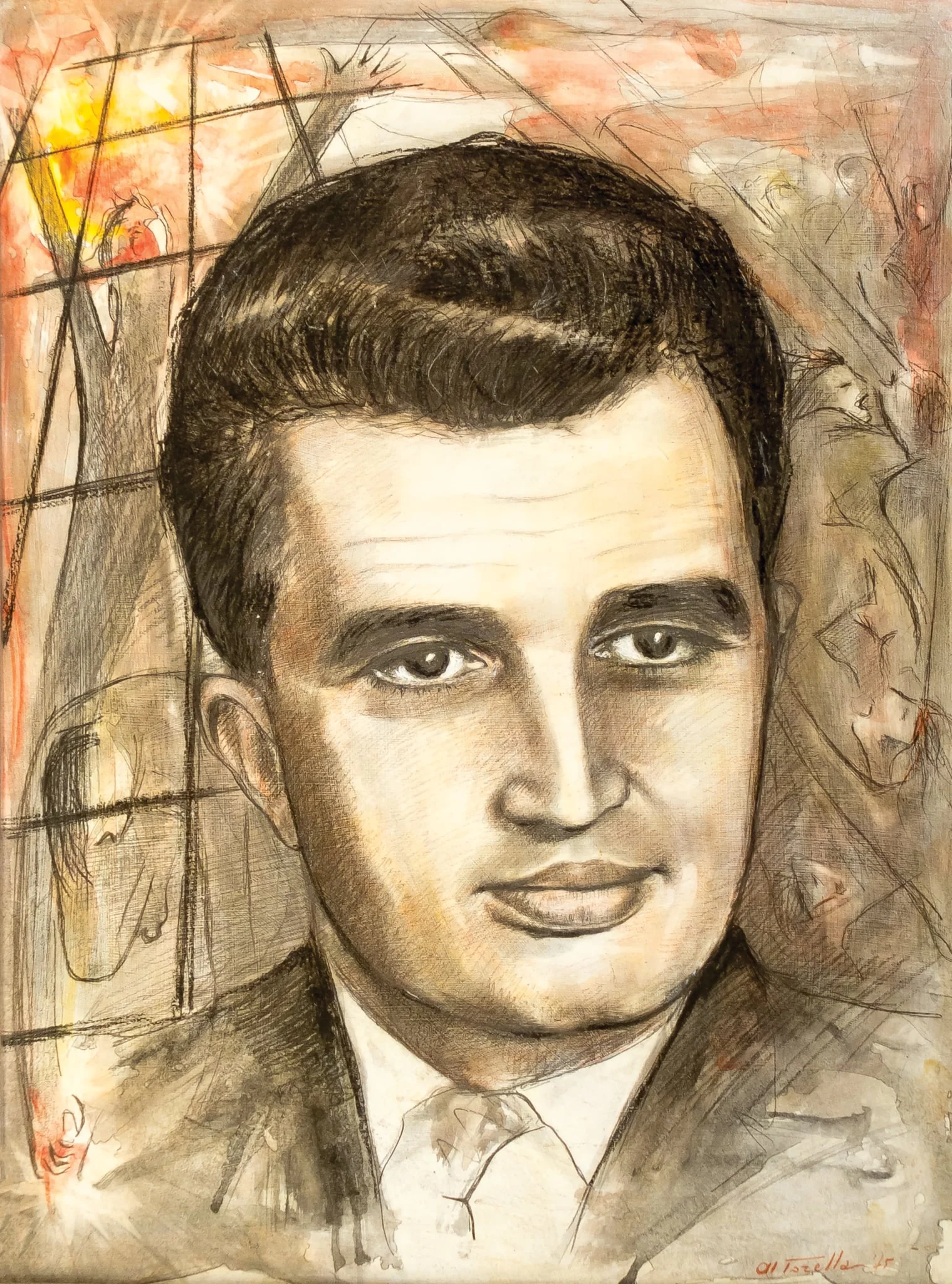 Portret Nicolae Ceaușescu, tablou realixat prin tehnică mixtă, semnat Al. Torella și datat 1975 în partea dreaptă jos.A fost oferit lui Nicolae Ceaușescu de delegația italiană condusă de Benito Craxi cu ocazia vizitei în România din noiembrie 1978, by Al. Torella