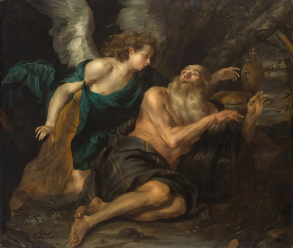 The prophet  Elijah awakened by the angel on Mount Horeb (I Kings 19:5-6)
