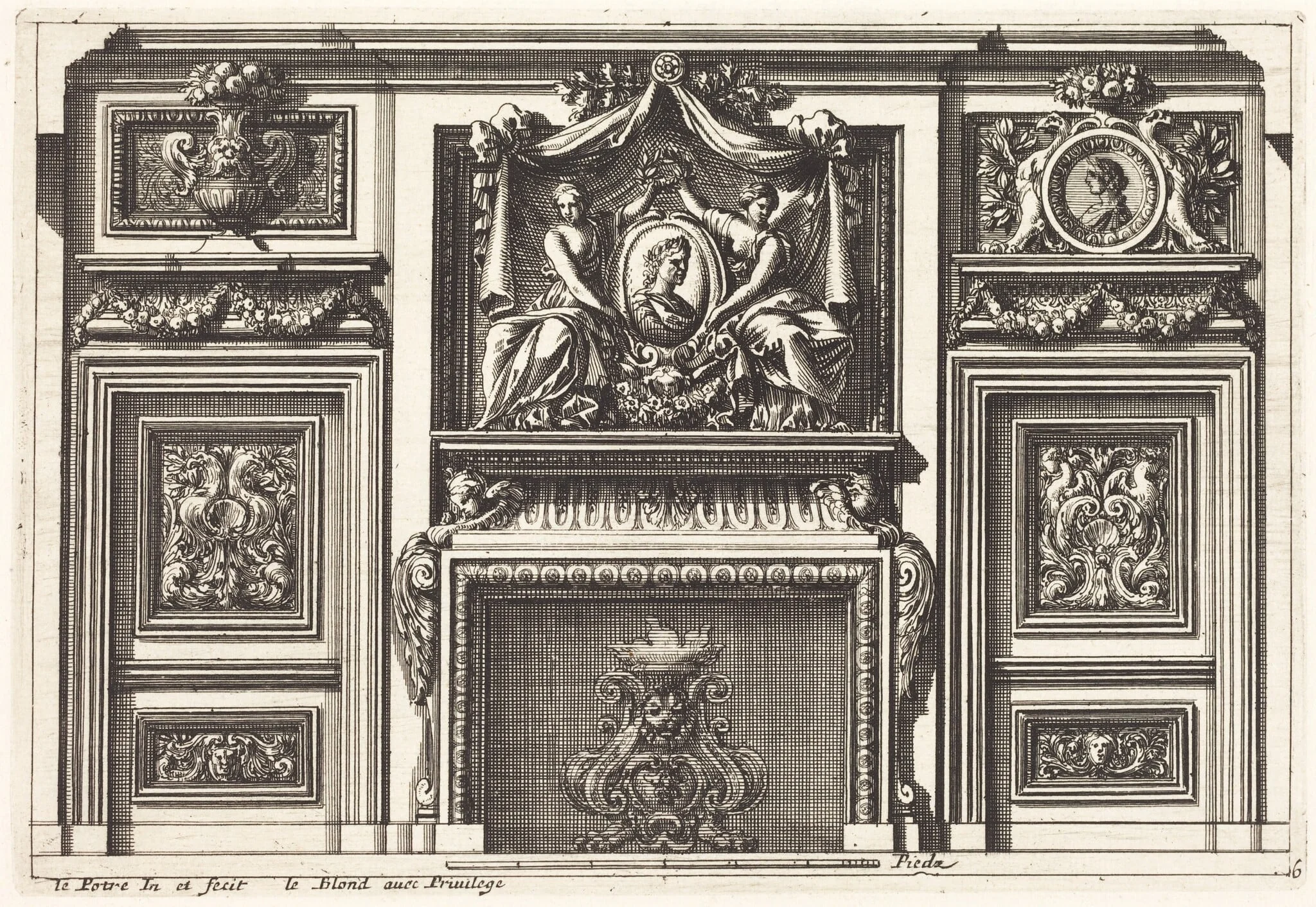 Fireplaces and Other Interior Decorations, by Jean Lepautre, ink, 1650