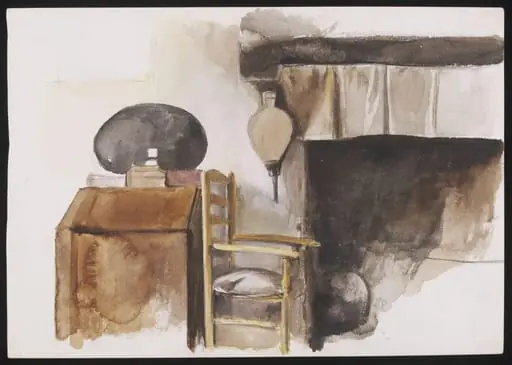 Study of a fireplace, a writing desk and a rush-seated ladderback chair