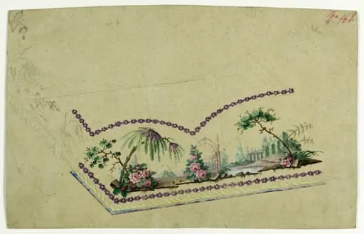 Décor paysage à bordure de violettes, projets de broderies de gilet, XVIIIème siècle