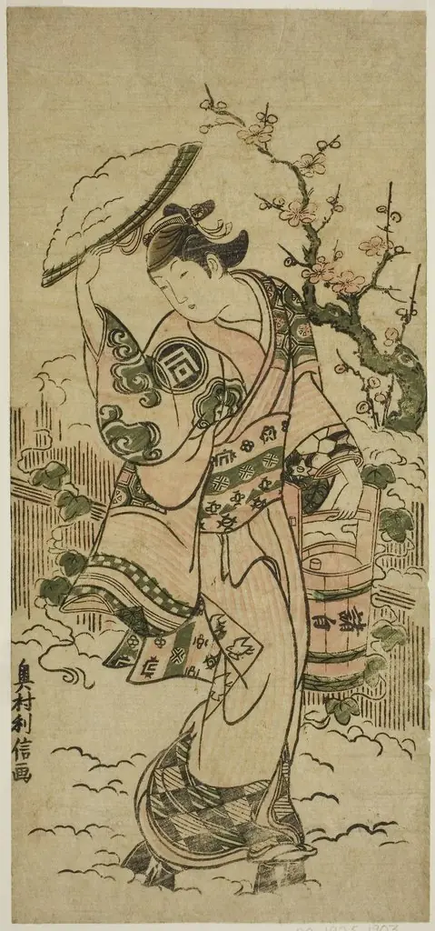 The Actor Sanogawa Mangiku as a woman walking in the snow
