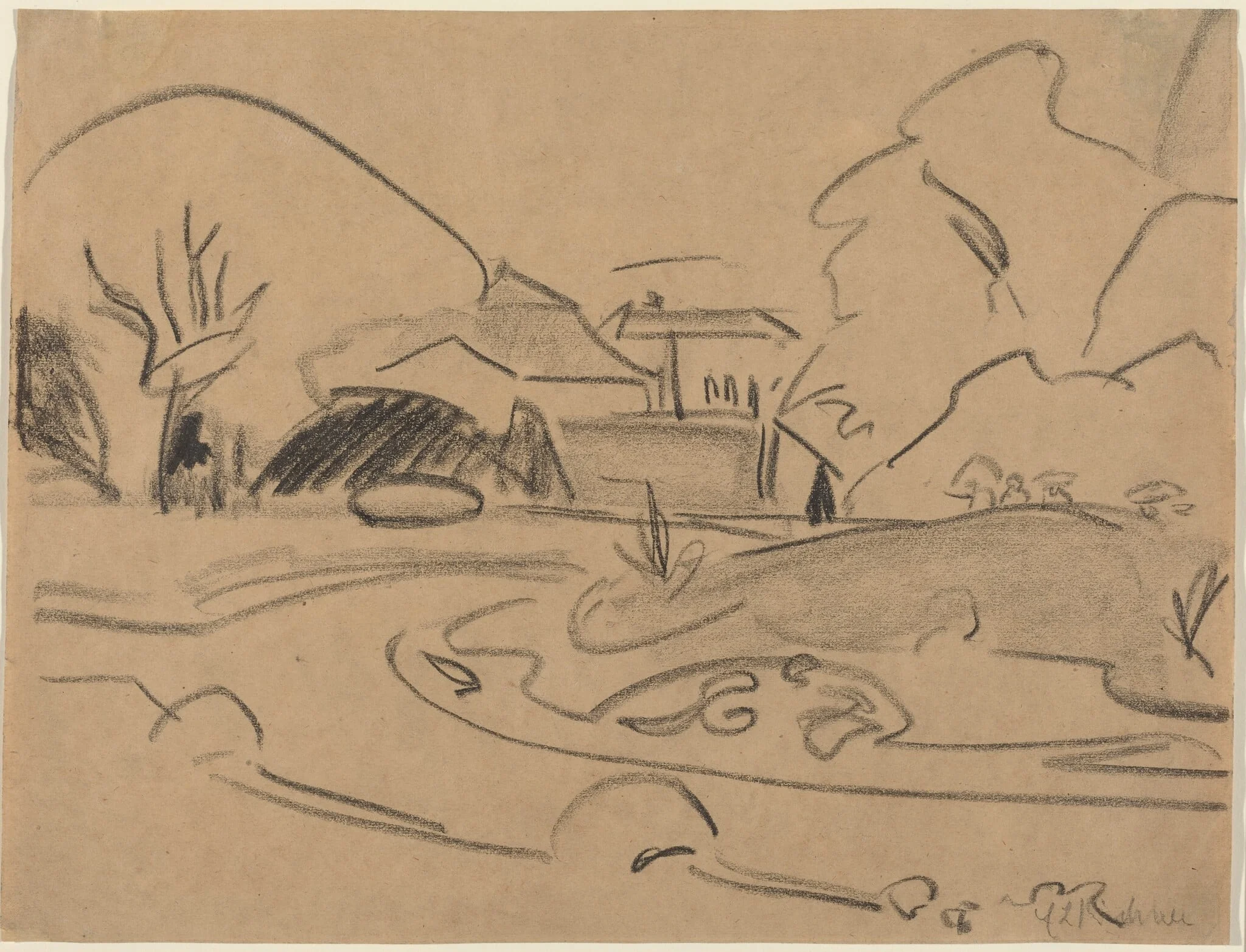 Footpaths and Pavilion in the Dresden Grosser Garten, by Ernst Ludwig Kirchner, crayon, 1909