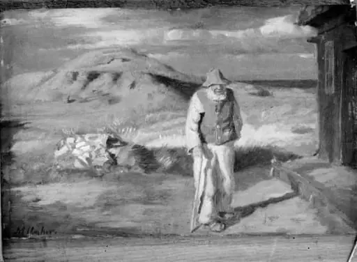 A Blind Man Outside his House