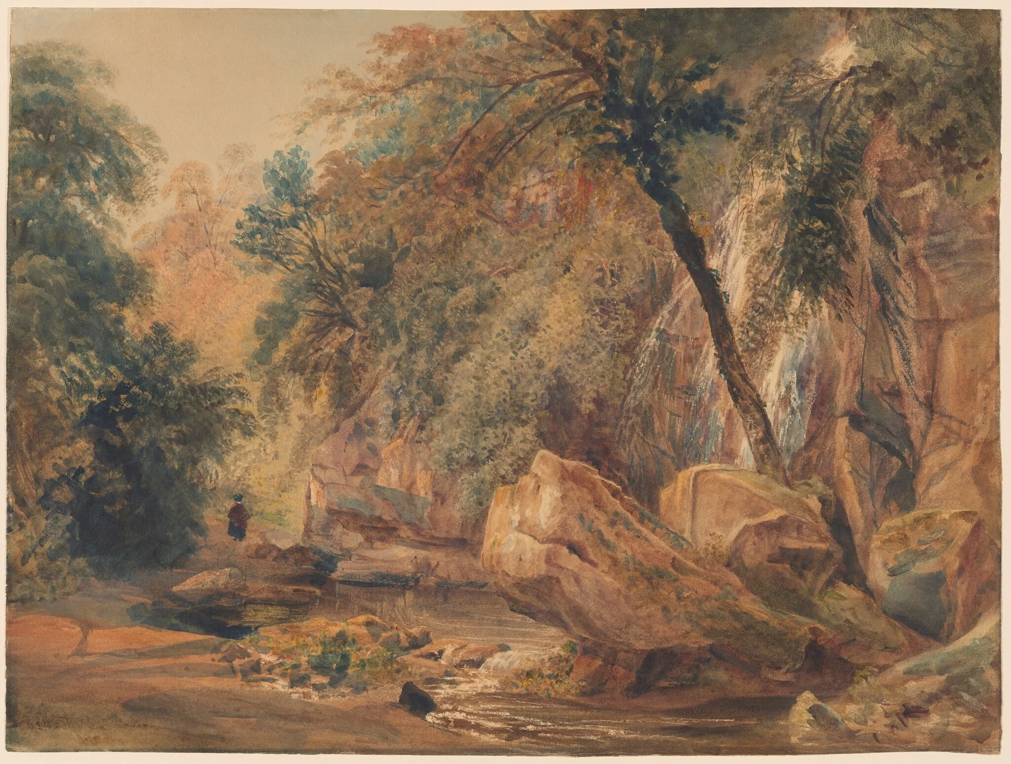Waterfall in the Dingle at Badger Hall, by Peter De Wint, watercolor, 1841