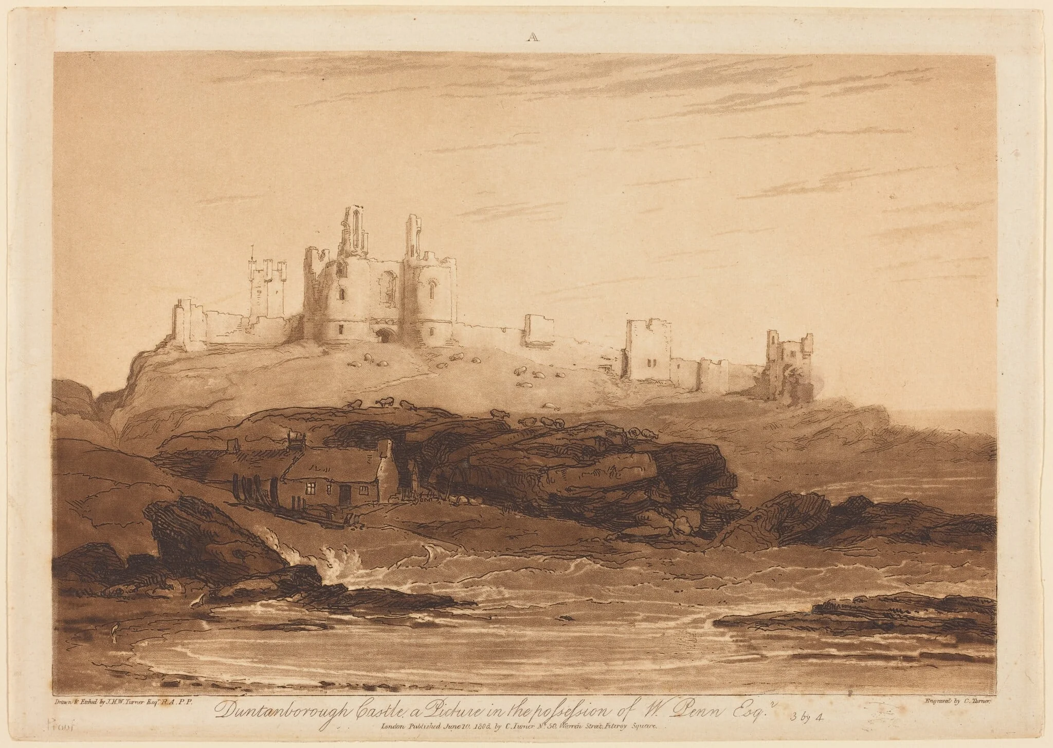 Dunstanborough Castle, by Charles Turner, ink, 1808