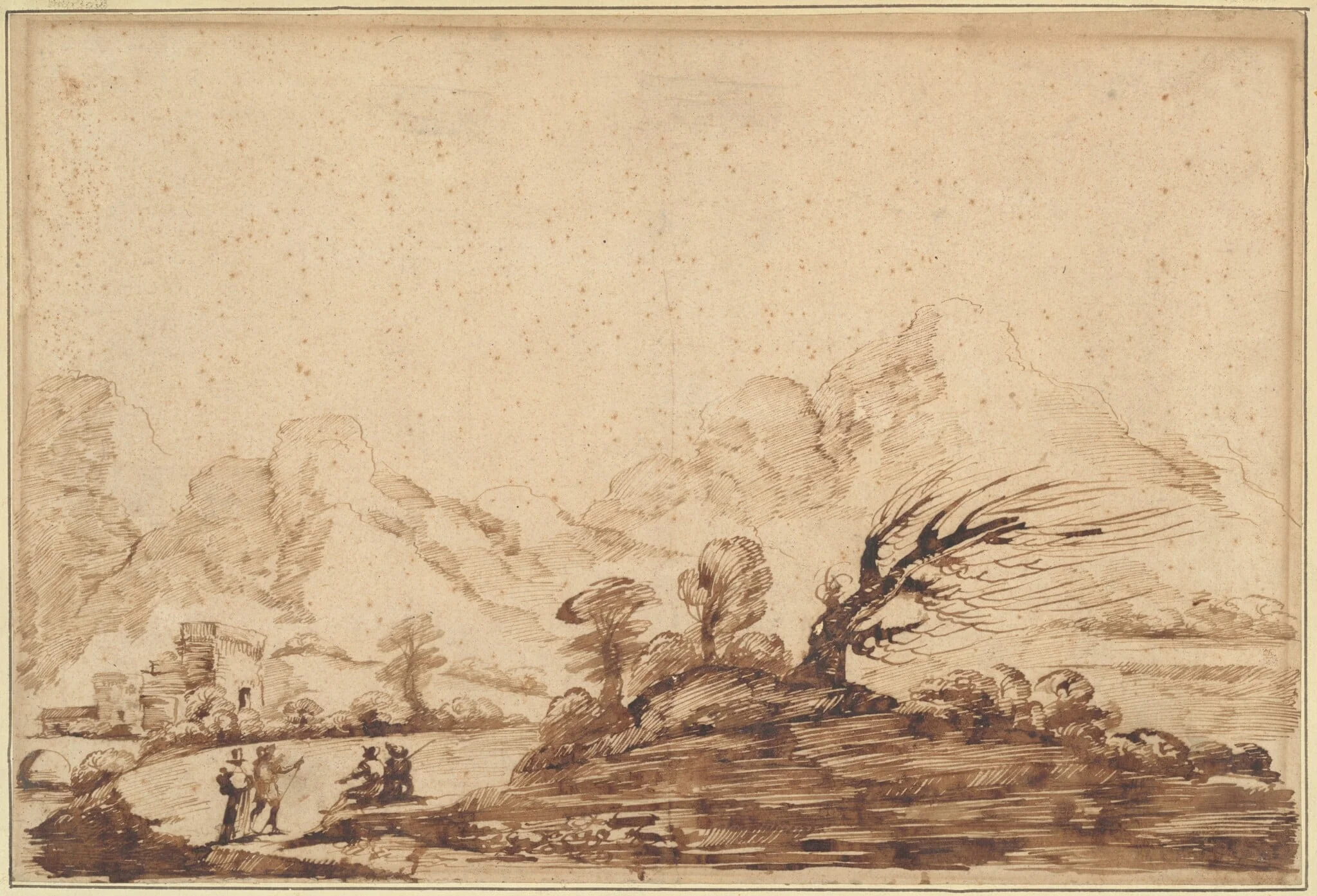Landscape with Figures, by Guercino, ink, 1601