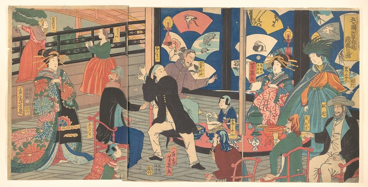 Gok'koku o Gankirō sakamori no zu|The Five Nations Enjoying a Drunken Revel at the Gankirō Tea House, by Utagawa Yoshiiku, ink, 12