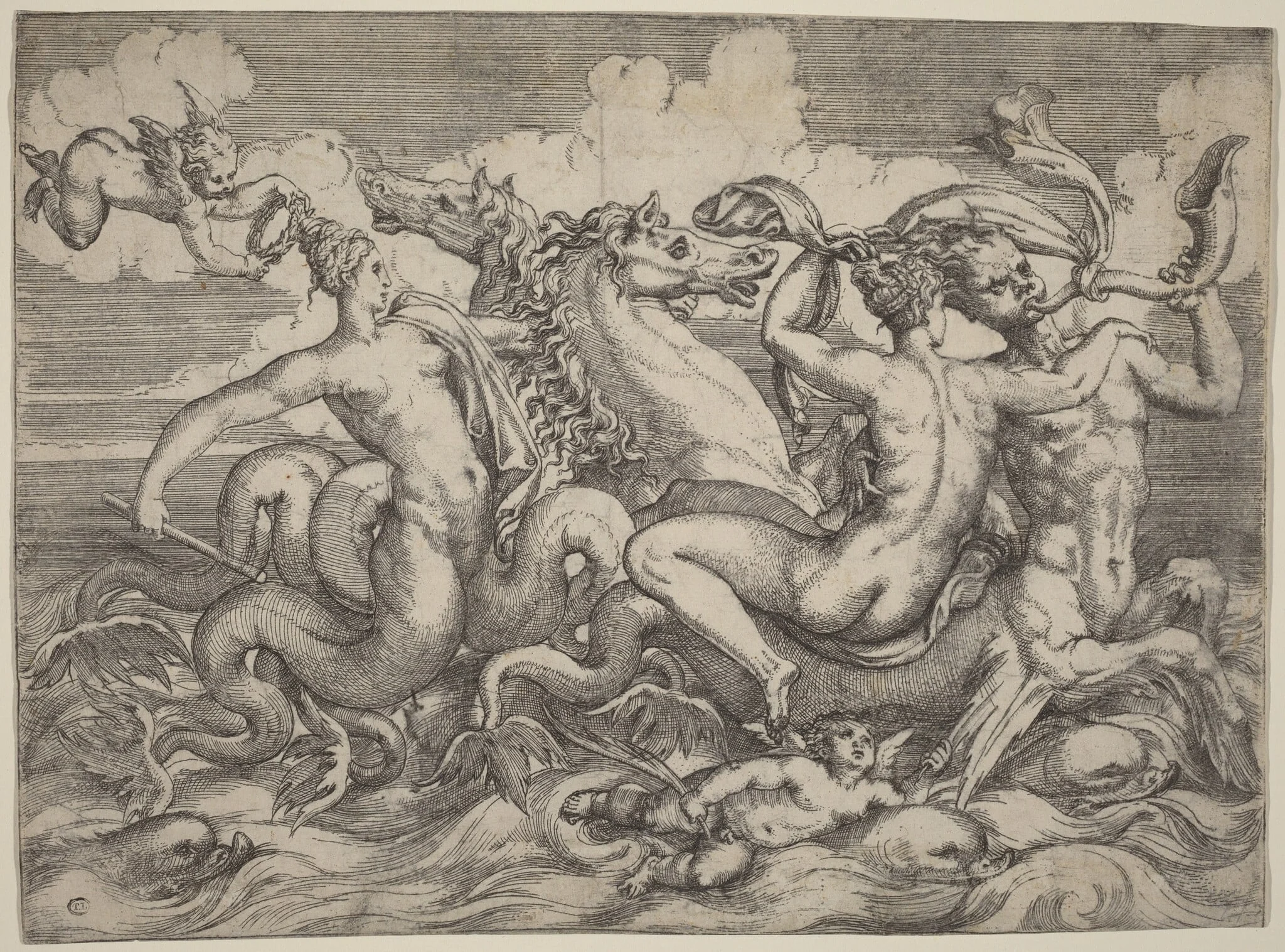 Sirens, Naiads, and Tritons, by Angelo Falconetto, ink, 1544