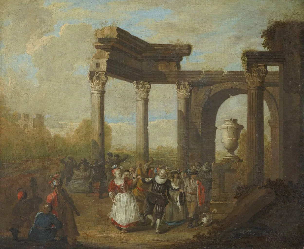 Masked dance near Roman ruins, by Jan Frans van Bredael, oil, 1500