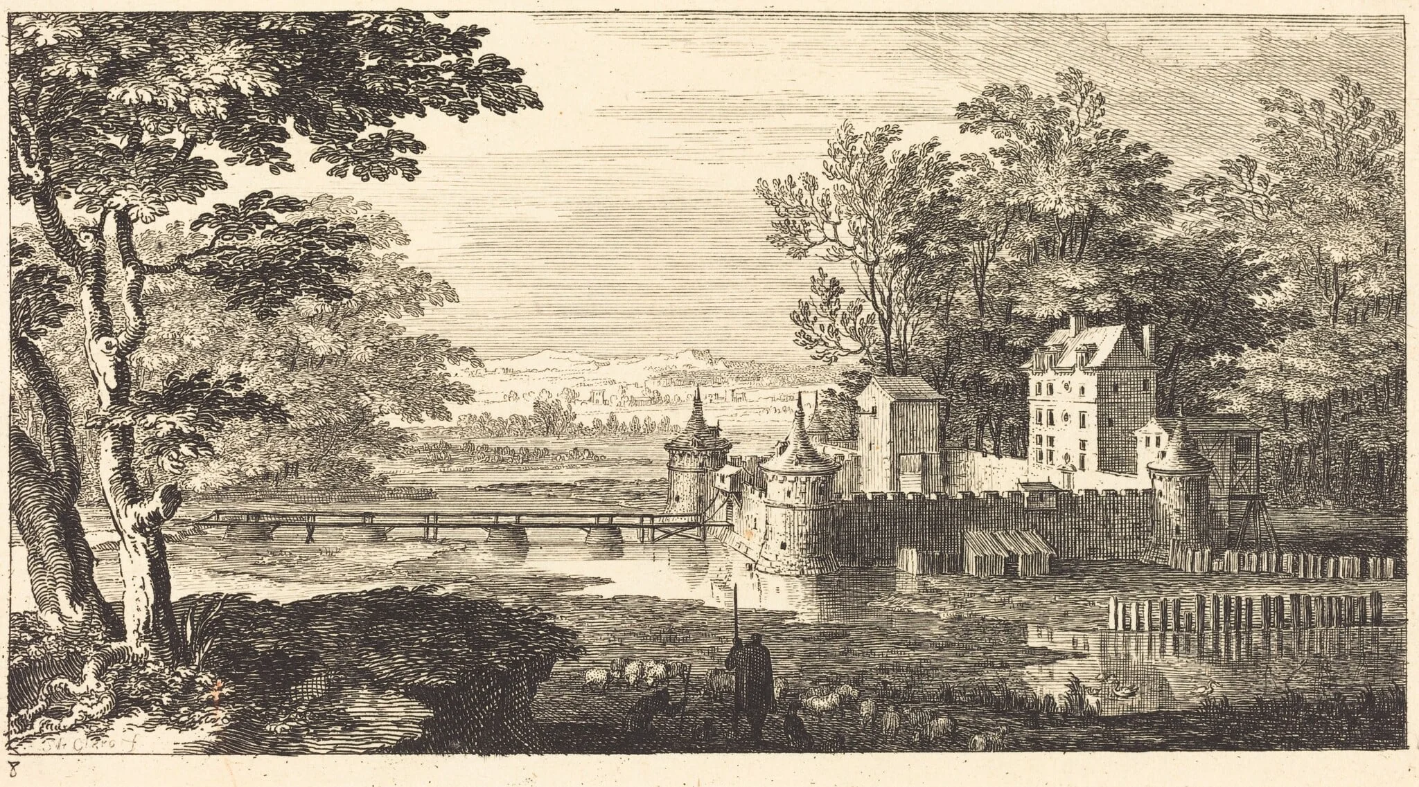 Landscape with Chateau, by Sébastien Le Clerc I, ink, 1673