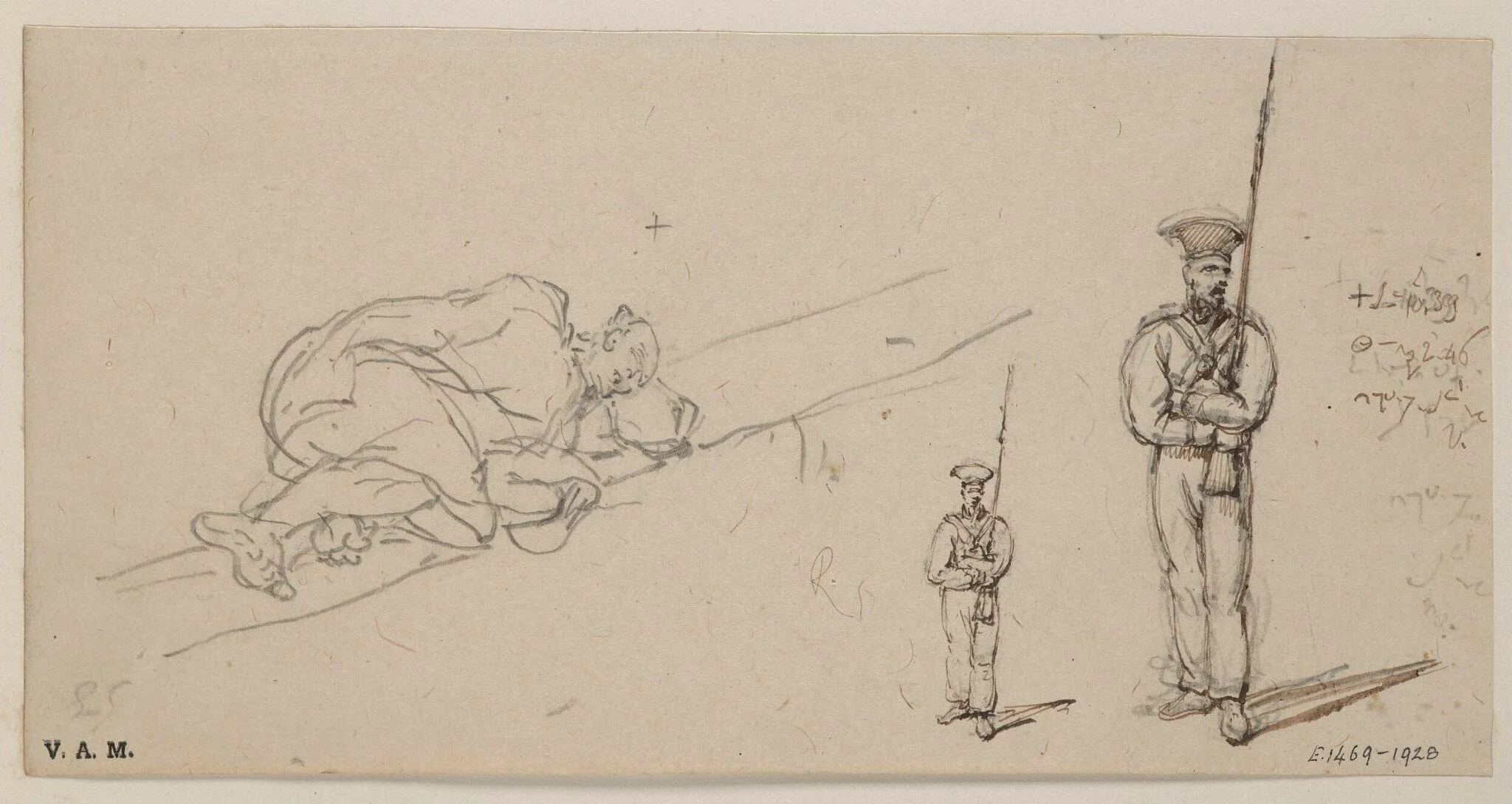A sleeping Chinese man and a Portuguese soldier, by George Chinnery, 8