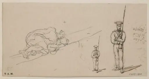 A sleeping Chinese man and a Portuguese soldier