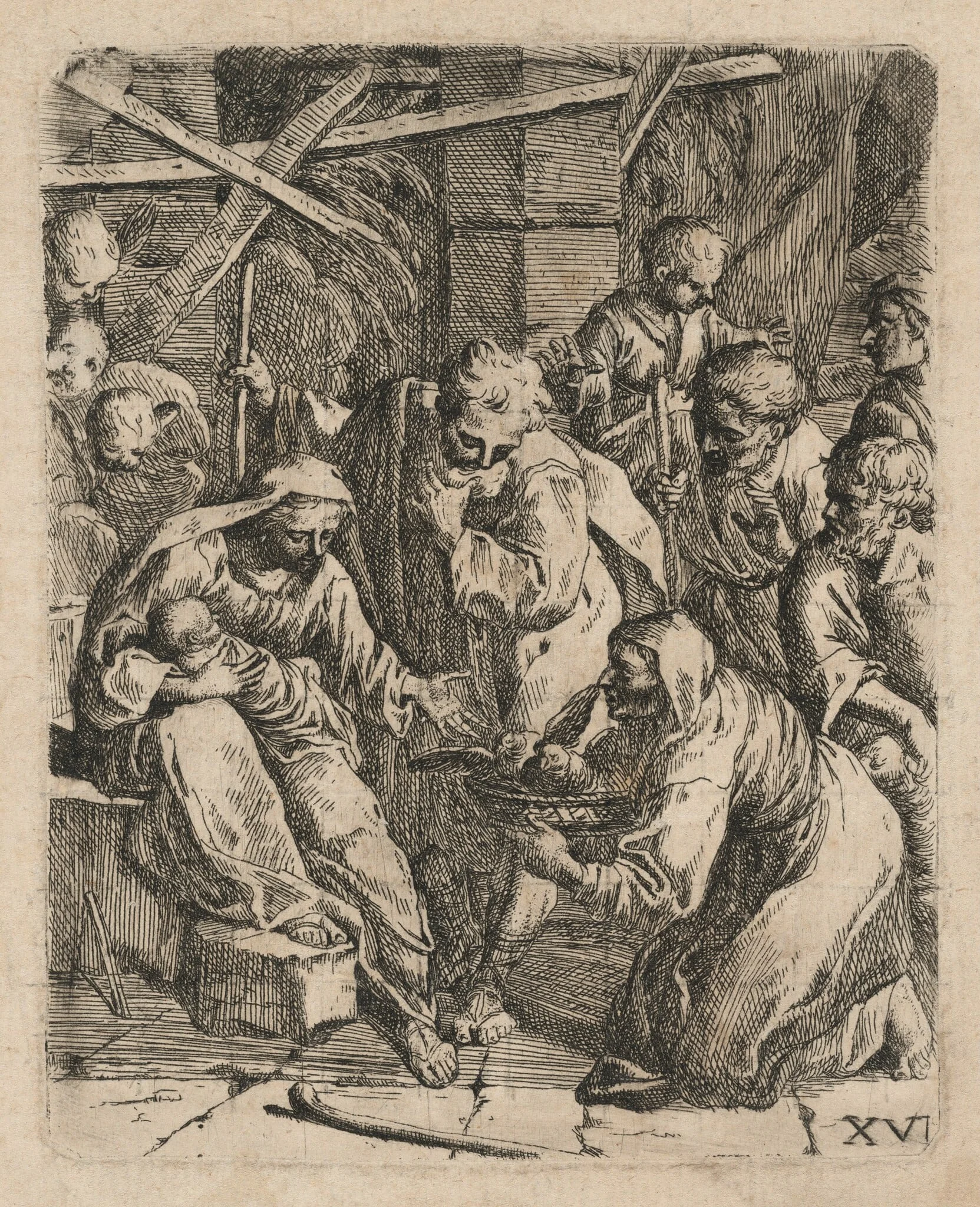 The Adoration of the Shepherds, by Marcantonio Bellavia, ink, 1650