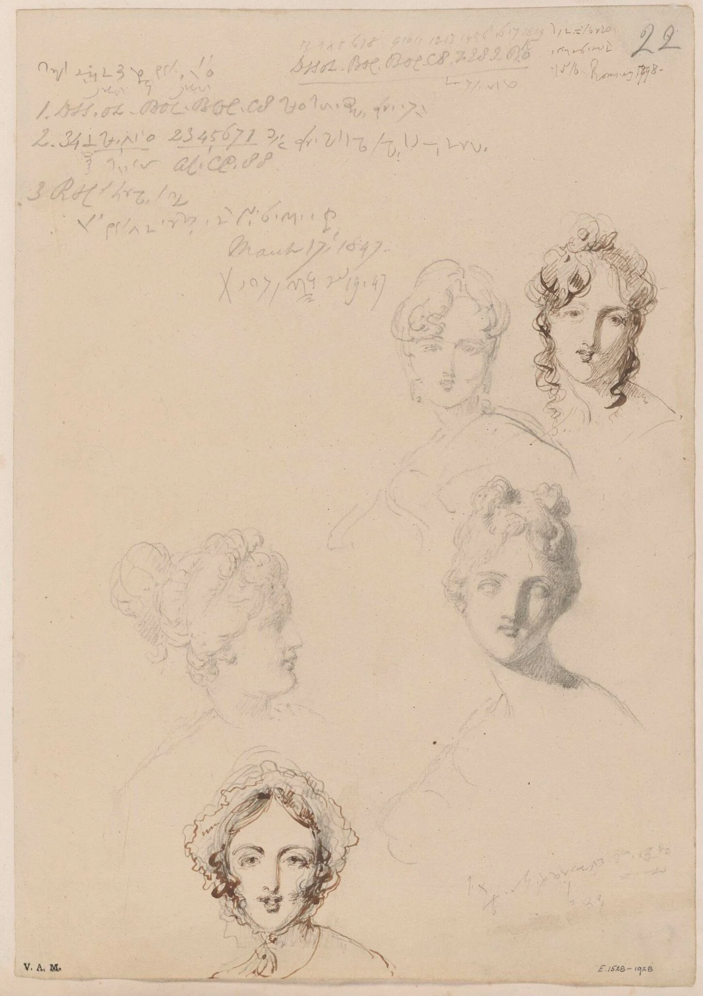 Five drawings of female heads, by George Chinnery, 10