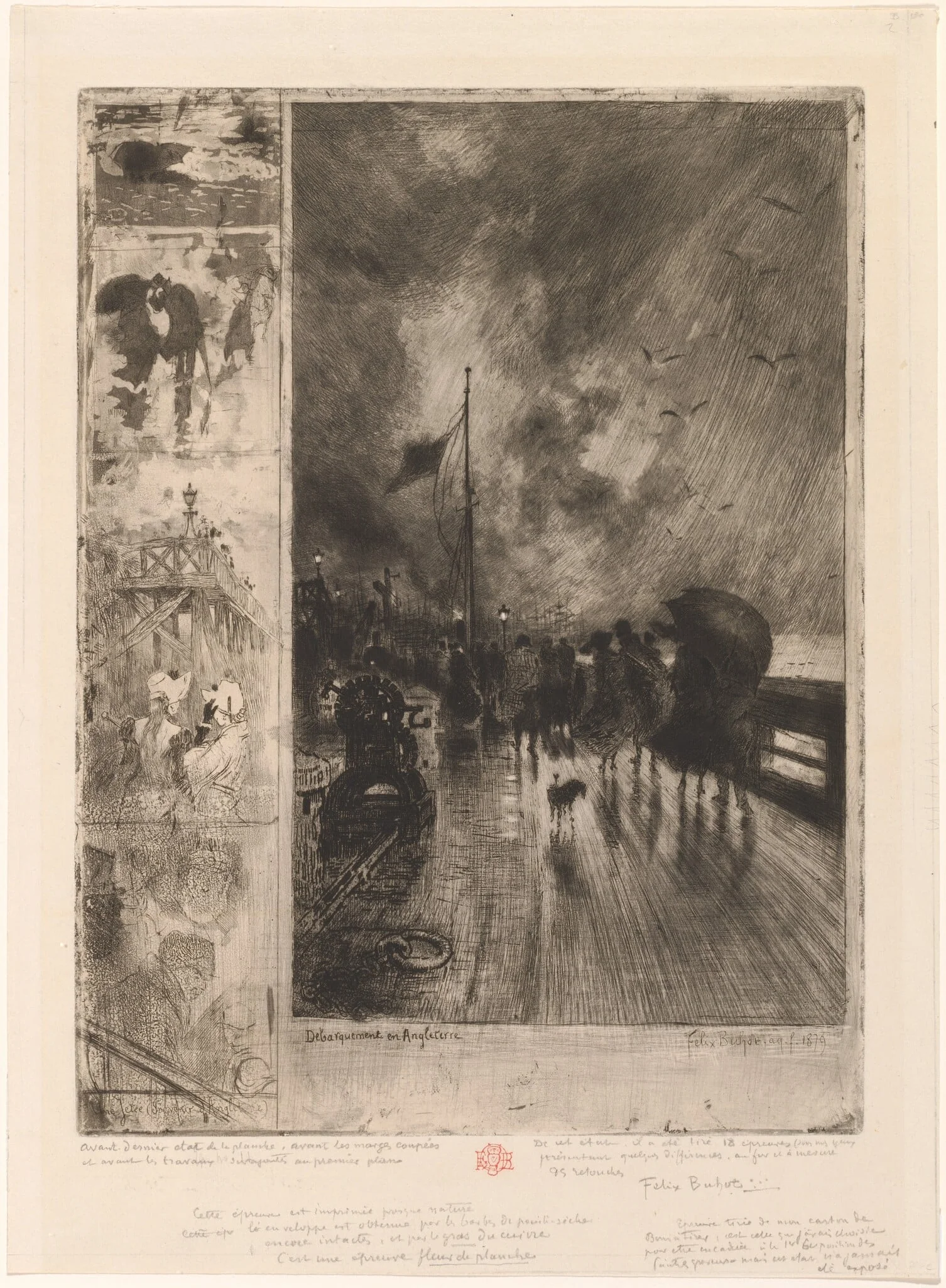 Landing in England, by Félix-Hilaire Buhot, ink, 1879