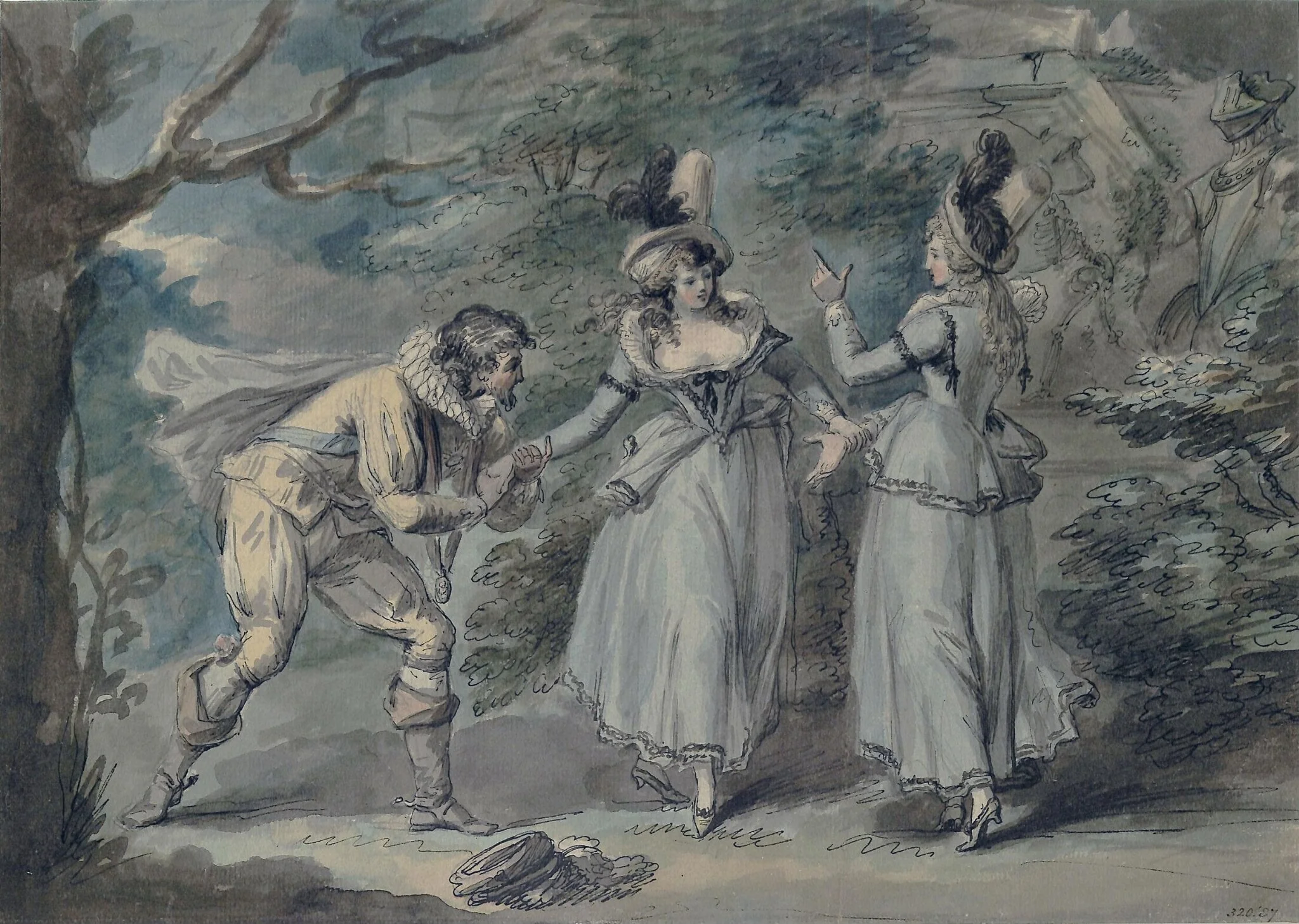 A Cavalier and two ladies in a landscape, by Henry William Bunbury, watercolor, 1770