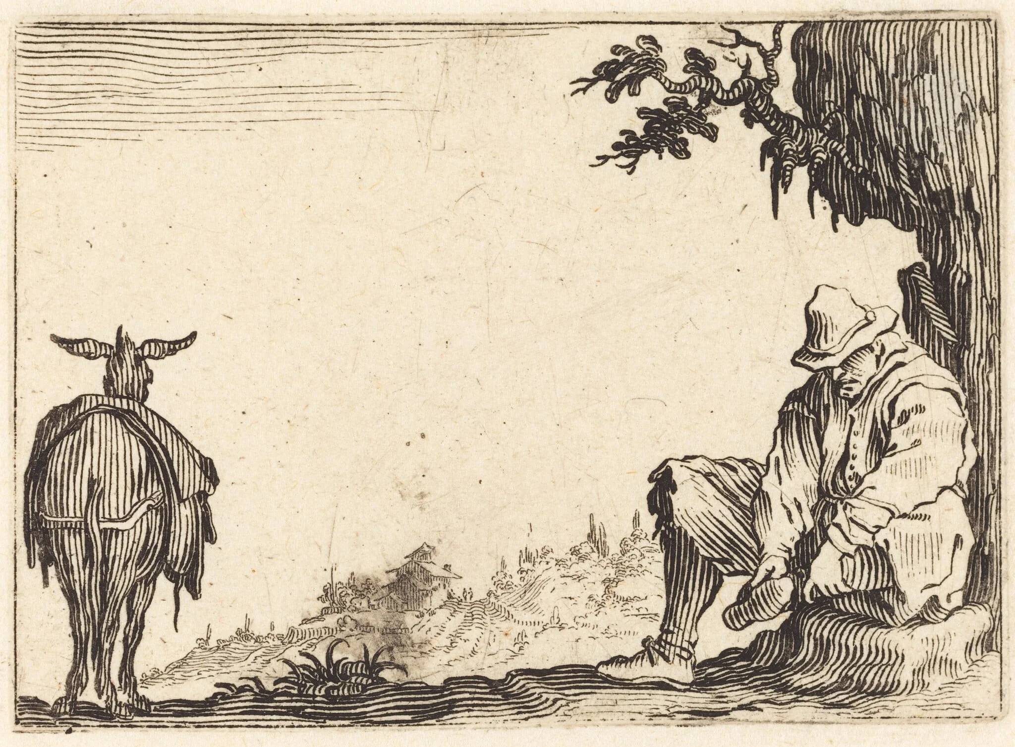 Peasant Removing His Shoe, by Jacques Callot, ink, 1622