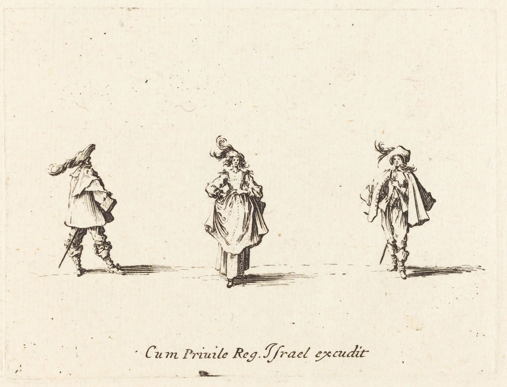 Lady with Plumes, and Two Gentlemen, by Jacques Callot, ink, 1634