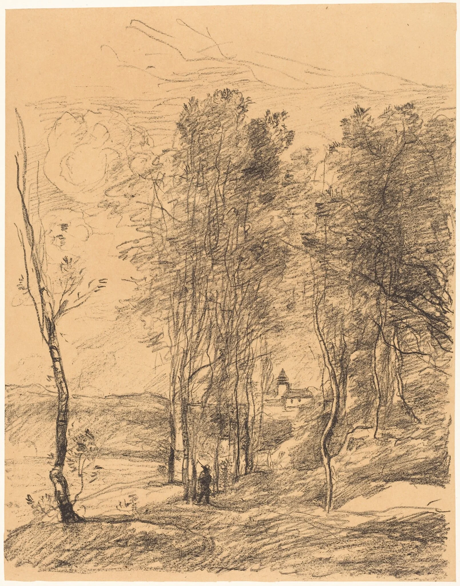 The Bell Tower of St. Nicolas-Lez-Arras (Le Clocher de St. Nicolas-Lez-Arras), by Jean Baptiste Camille Corot, ink, 1871