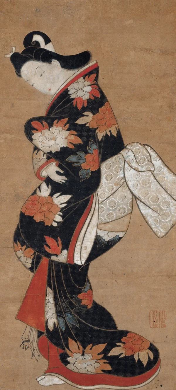 Beauty in a Black Kimono, by Torii Kiyonobu, unspecified, 1710