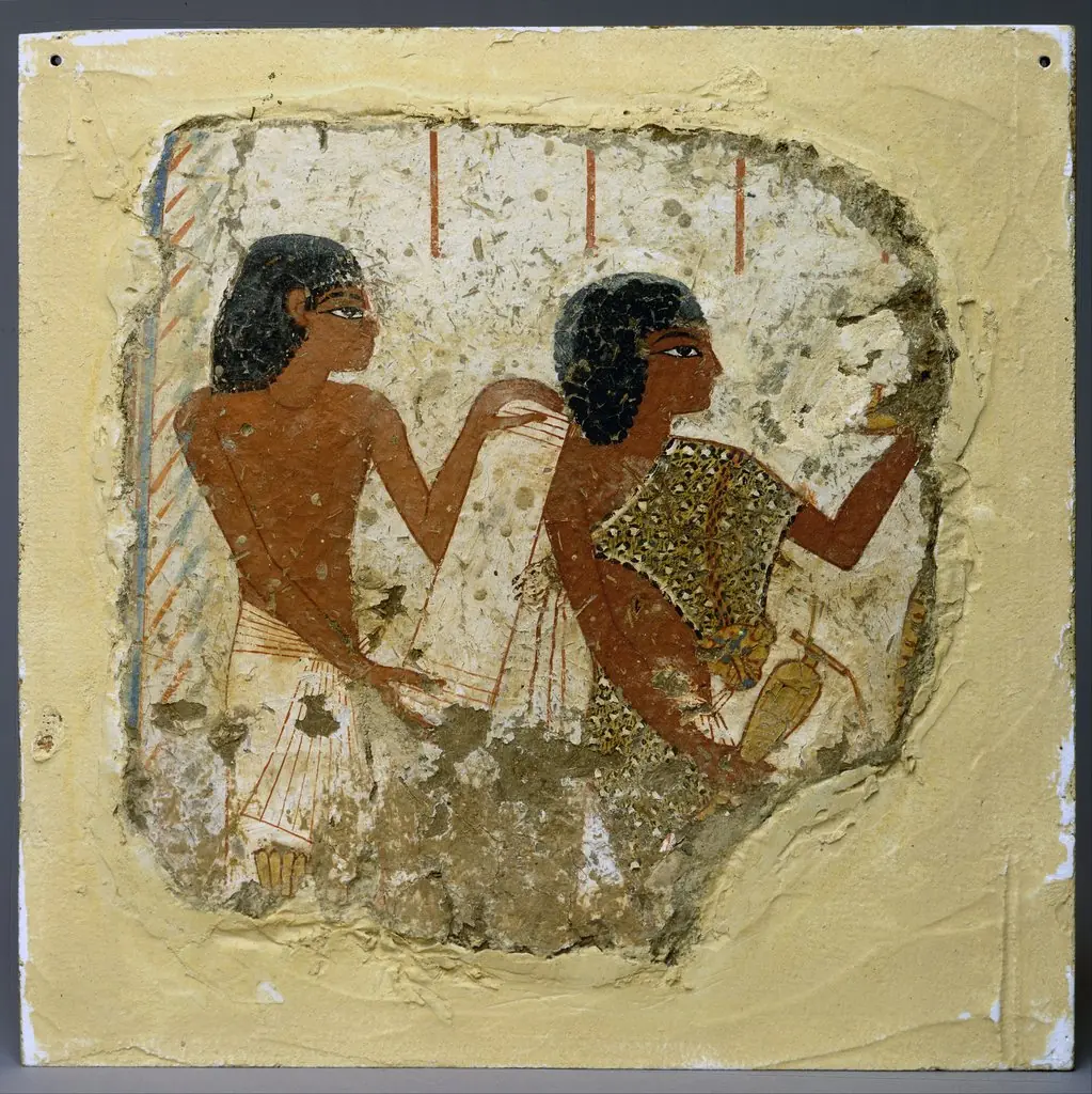 Tomb painting depicting two priests, one holding a papyrus roll and the other a vase for libations (...