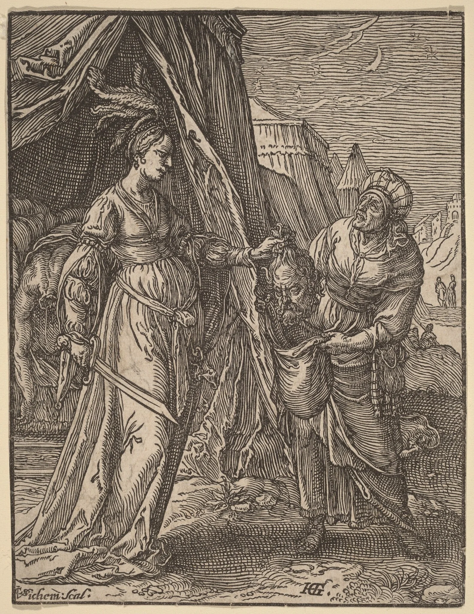 Judith with the Head of Holofernes, by Christoffel van Sichem I, ink, 1588