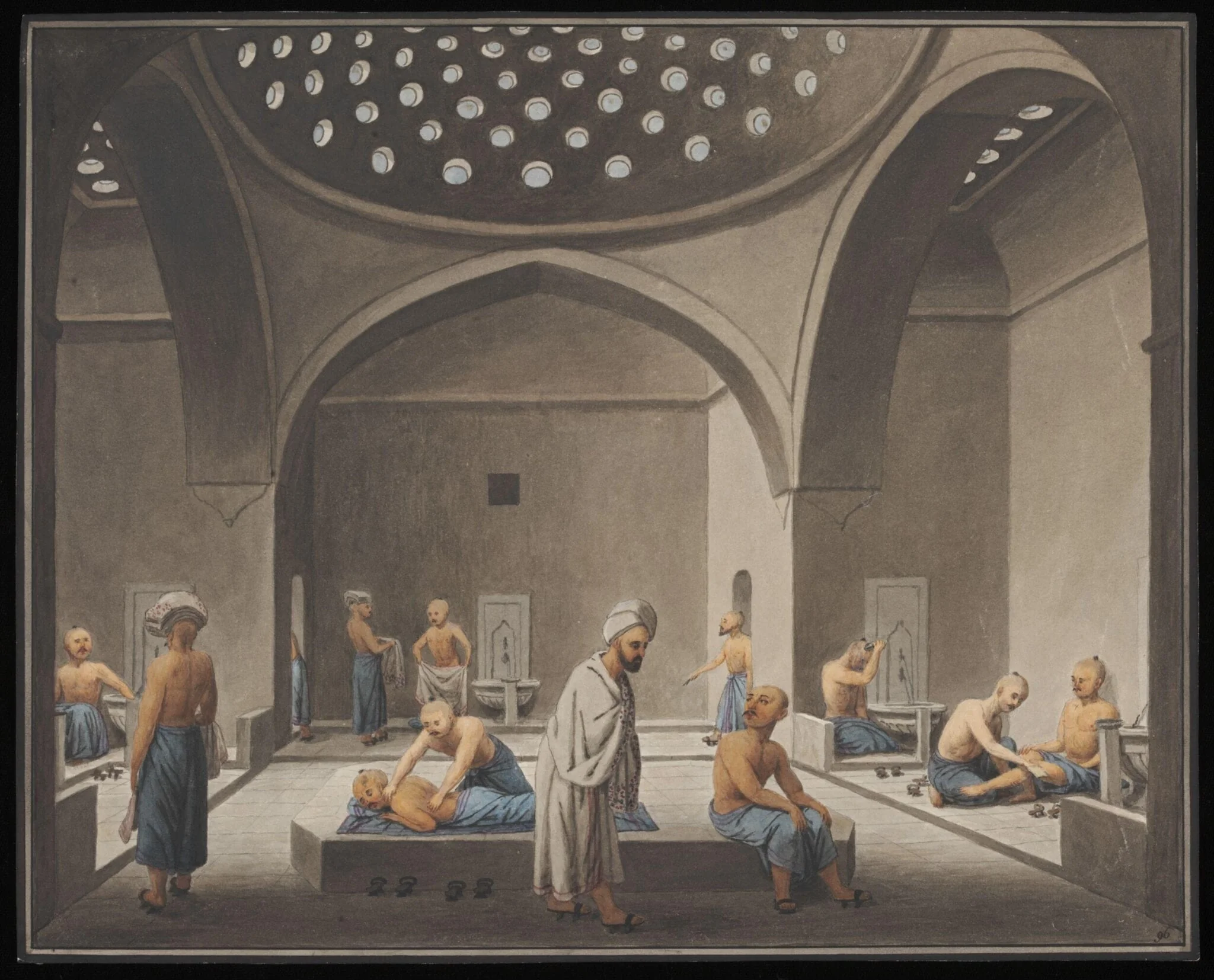 Hamam, or Turkish bath, by Anonymous Greek artist, watercolor, 1809