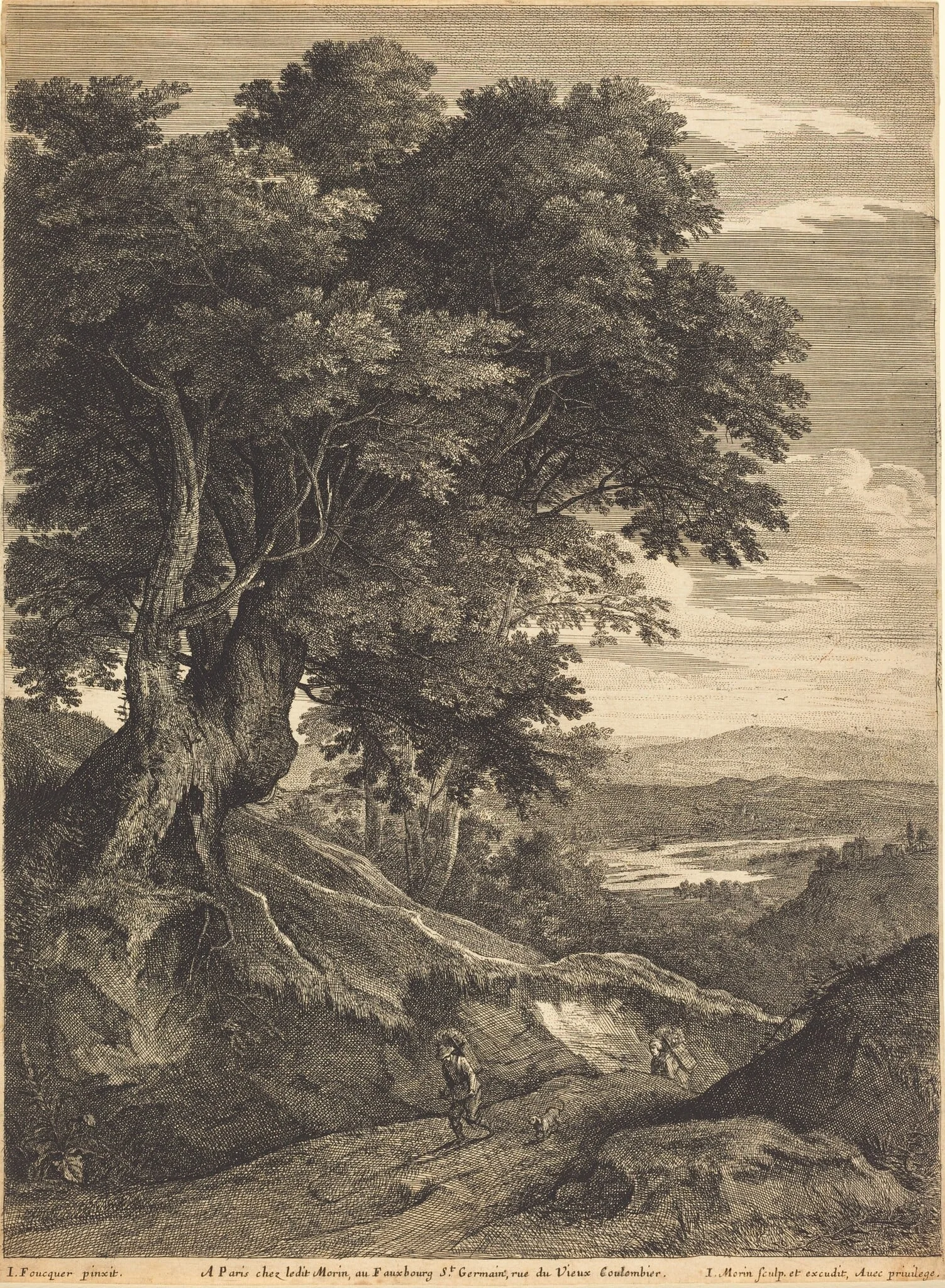 Hilly Landscape with Travelers on Foot, by Jean Morin, ink, 1625