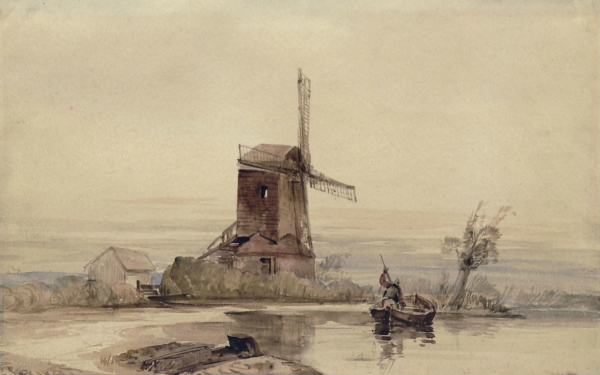 Old windmill by the side of a river, in the foreground a man in a boat
