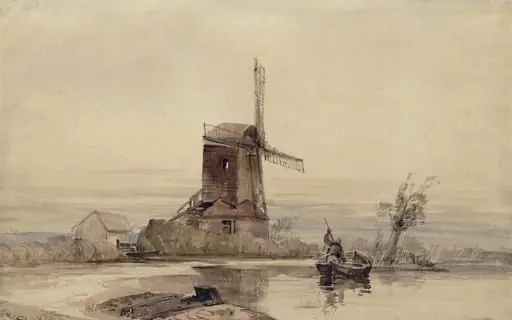 Old windmill by the side of a river, in the foreground a man in a boat