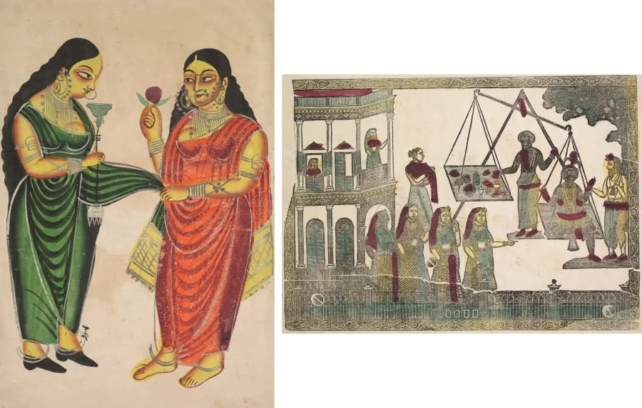 Leaf from a Kalighat album: Maid bringing a hookah to a lady (recto); Krishna weighed against precious objects(?) (verso), by Unknown, unspecified, 1890