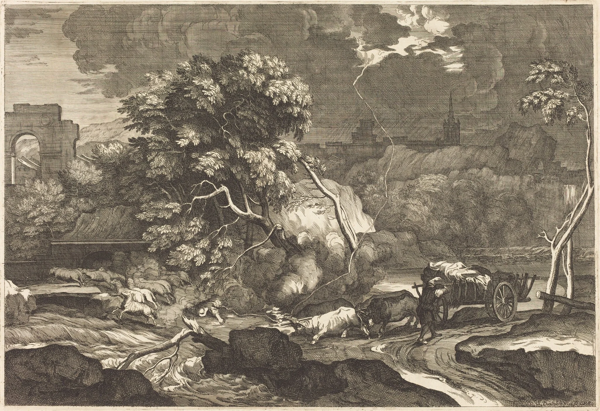 Landscape with a Frightened Waggoner, by Sébastien Bourdon, ink, 1644