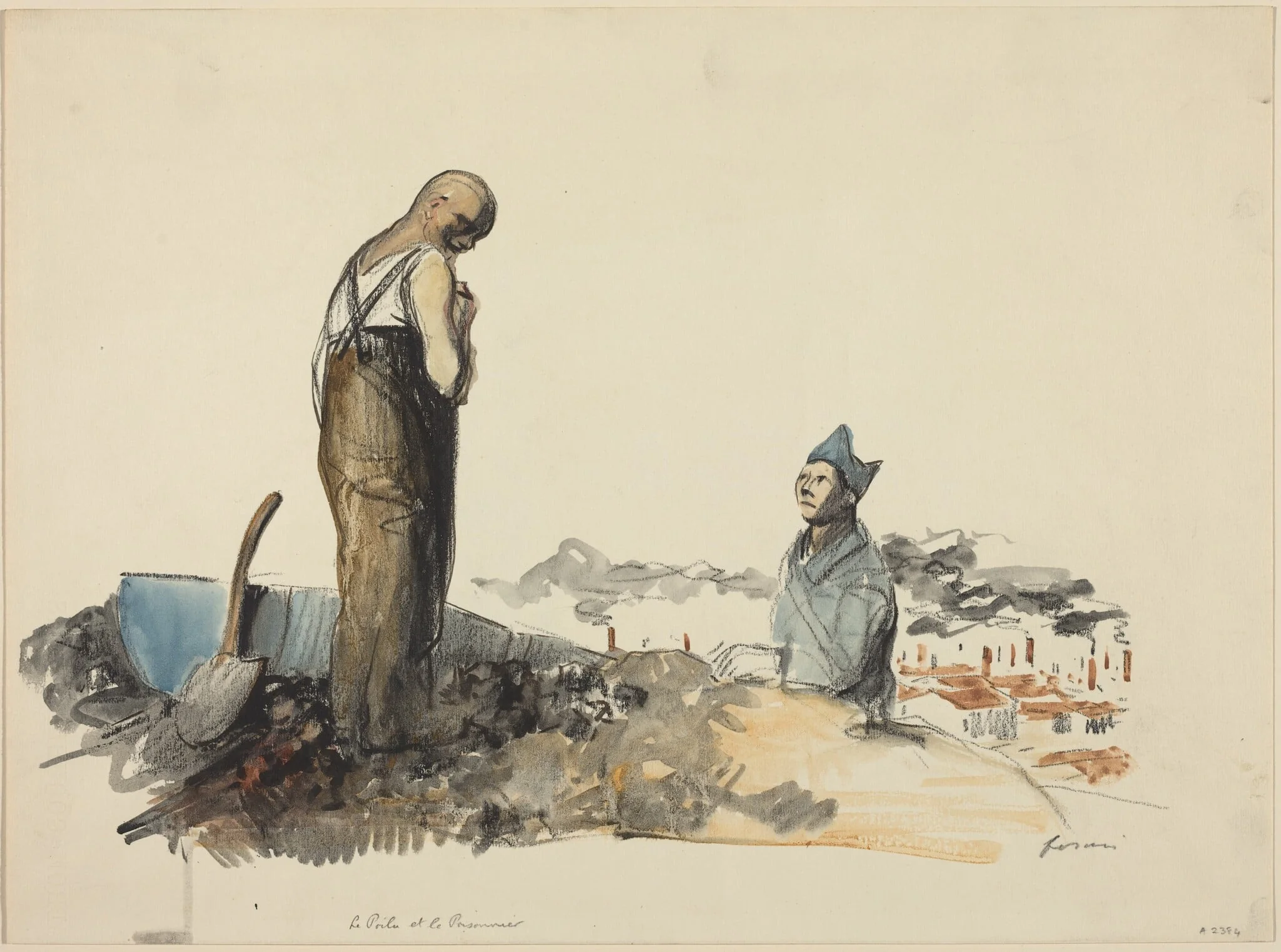 a) Le Poilu et Prisonnier (Poilu and Prisoner) (recto); b) Study of Prisoner (verso), by Jean-Louis Forain, watercolor, 1916