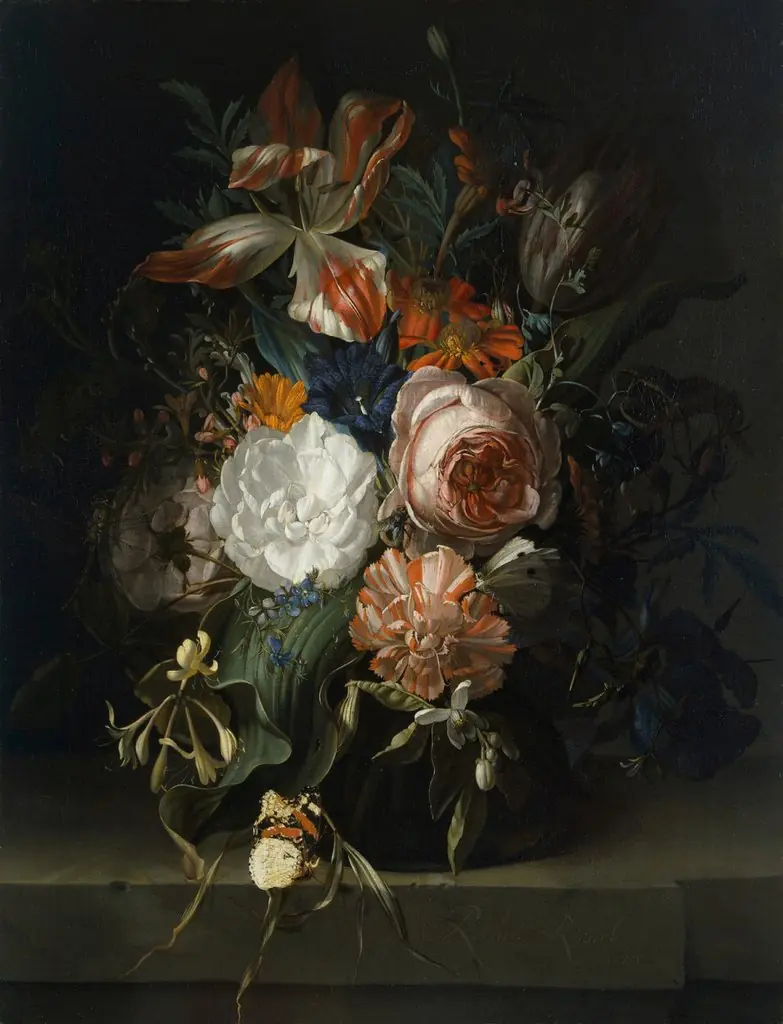 Flowers in a glass vase on a marble ledge, 1691
