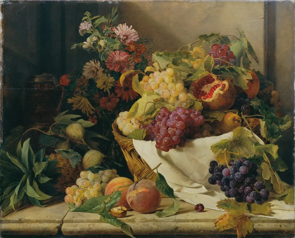 still life with fruits and flowers