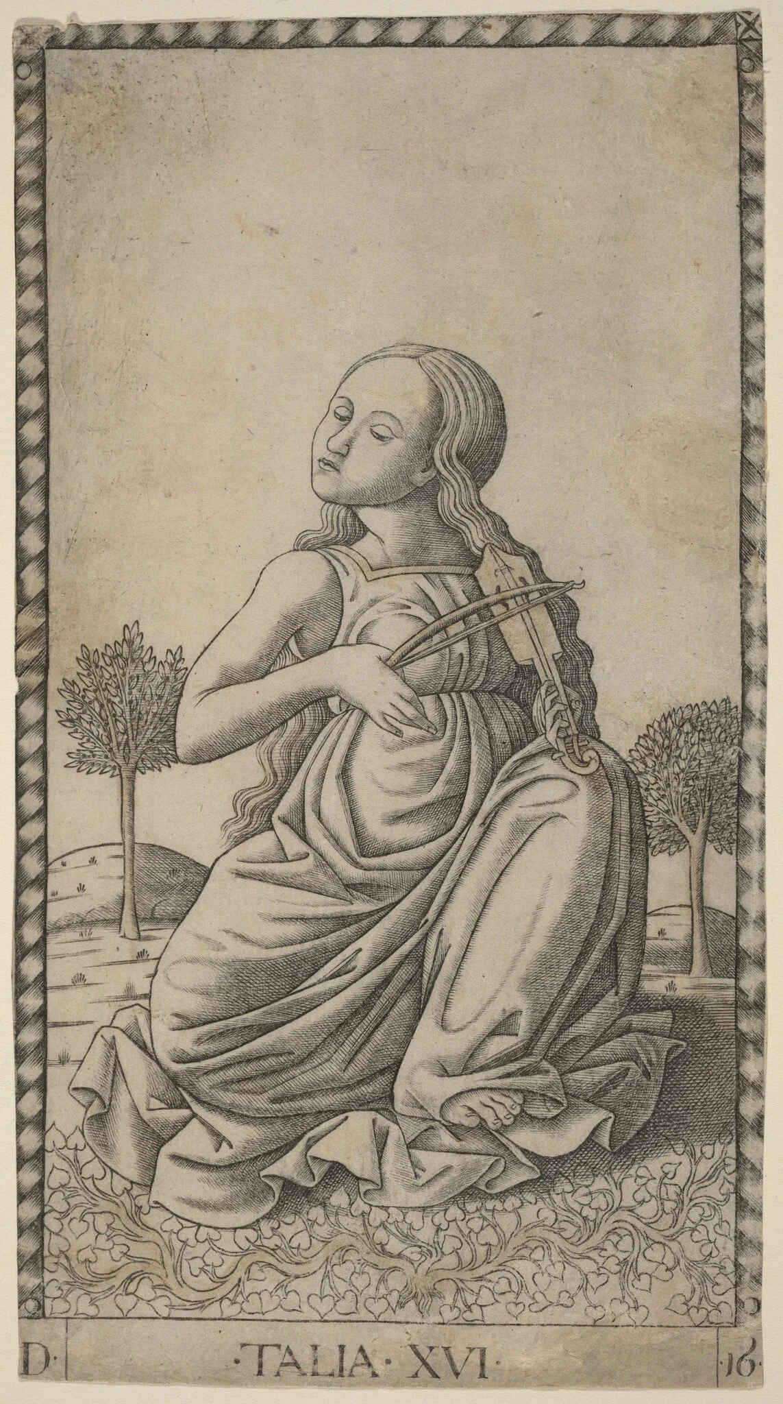 Talia (Thalia), by Master of the E-Series Tarocchi, ink, 1465