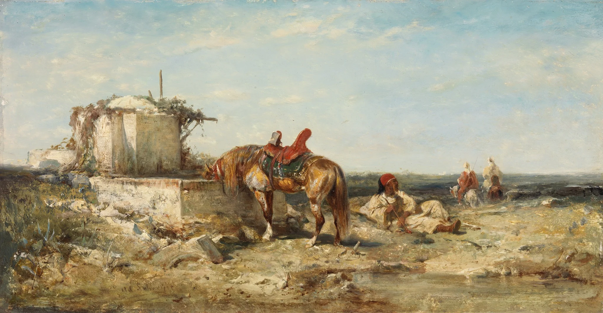 Eastern Soldiers with a Horse Drinking, by Adolf Schreyer, unspecified, 1873