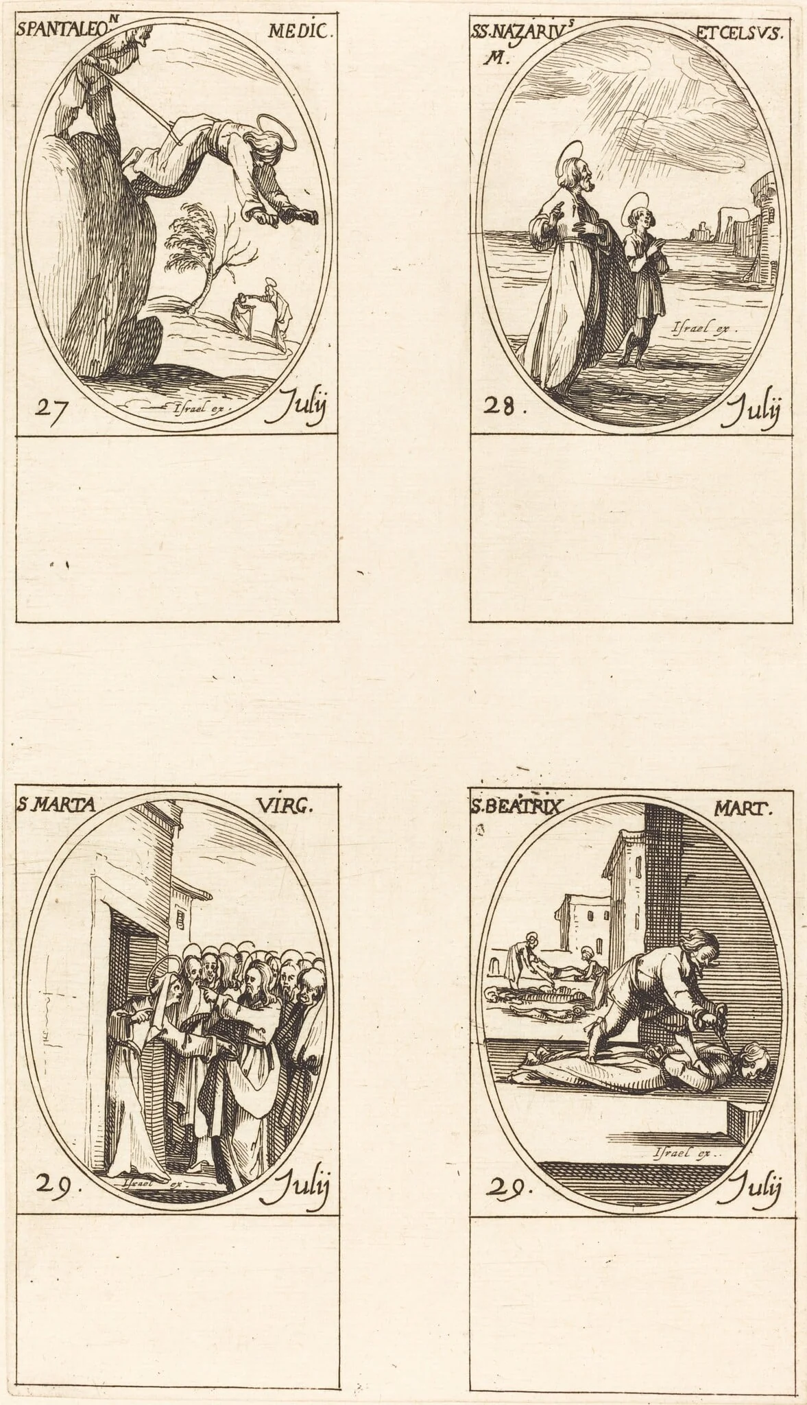 St. Pantaleon; Sts. Nazarius and Celsus; St. Martha; St. Beatrice, by Jacques Callot, ink, 1634