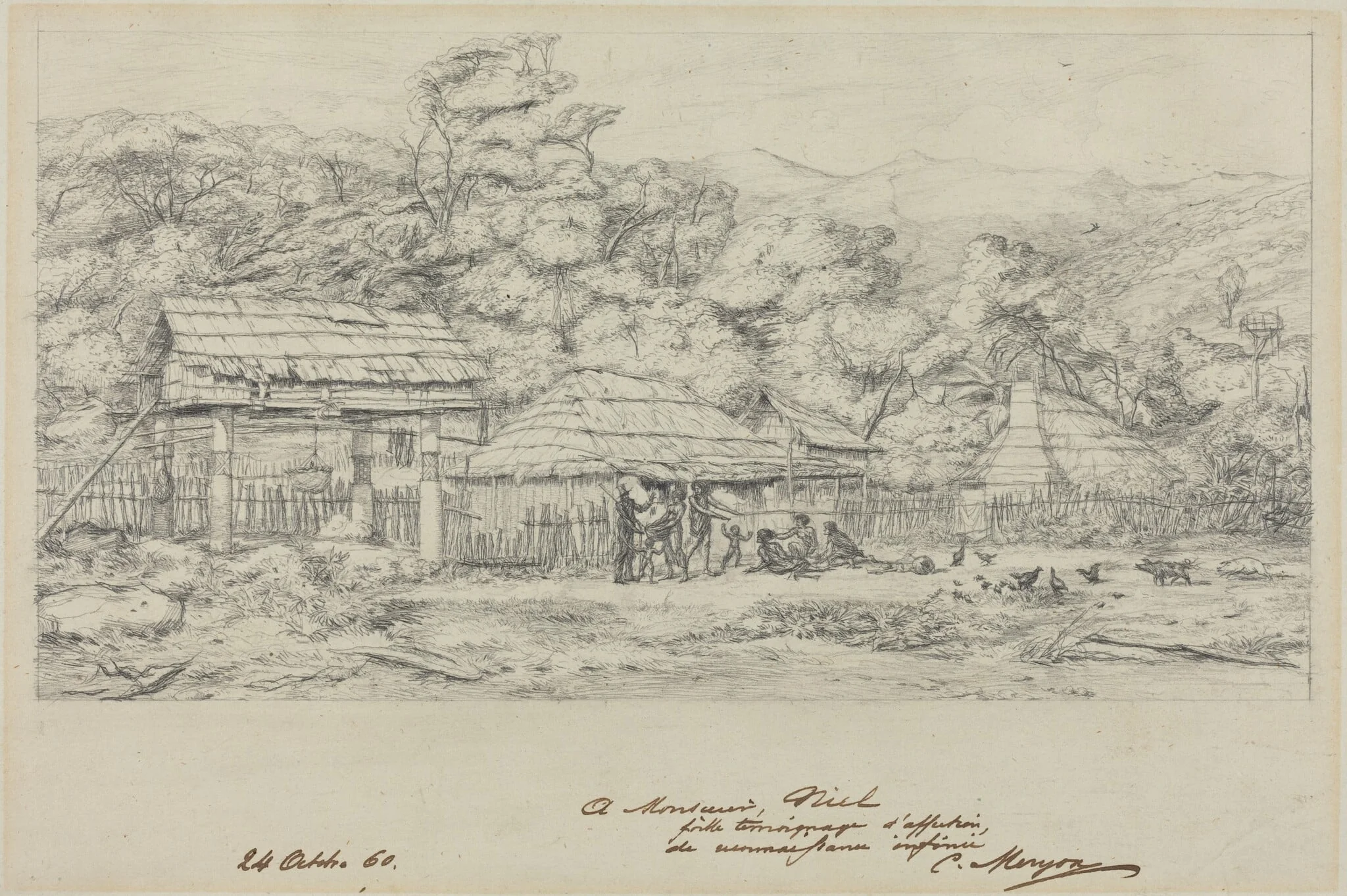 Greniers indigenes et habitations a Akaroa, presqu'Ile de Banks