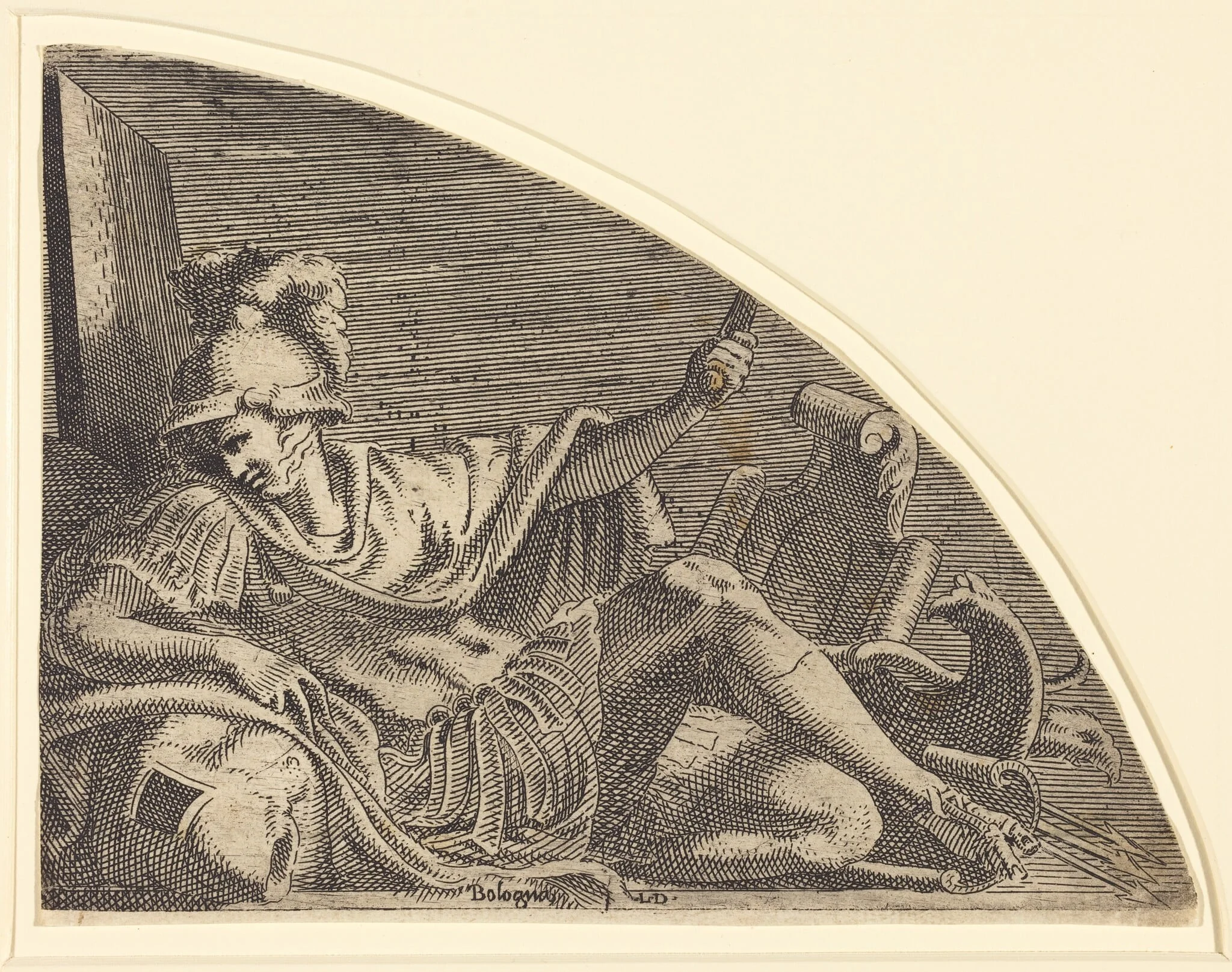 Mars Seated on Trophies, by Léon Davent, ink, 1538