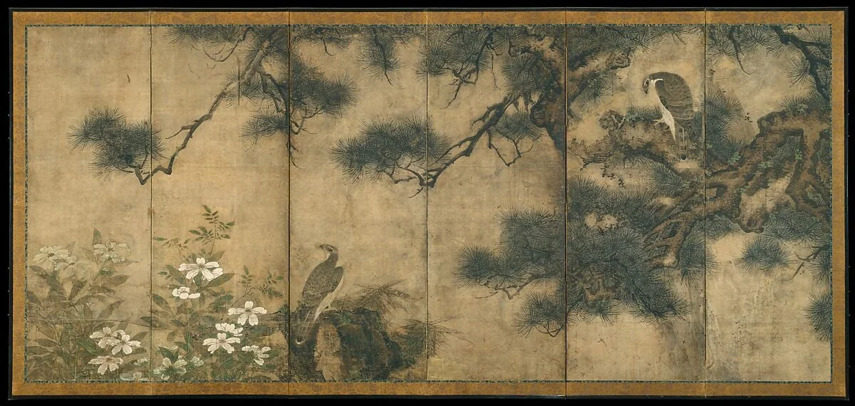 三谷等宿筆　伝三谷等宿筆　松と椿に鷹・柳と椿に小禽図屏風|Hawks with Pine Trees and Camellias; Small Birds with Willows and Camellias, by Mitani Tōshuku, ink, 1616