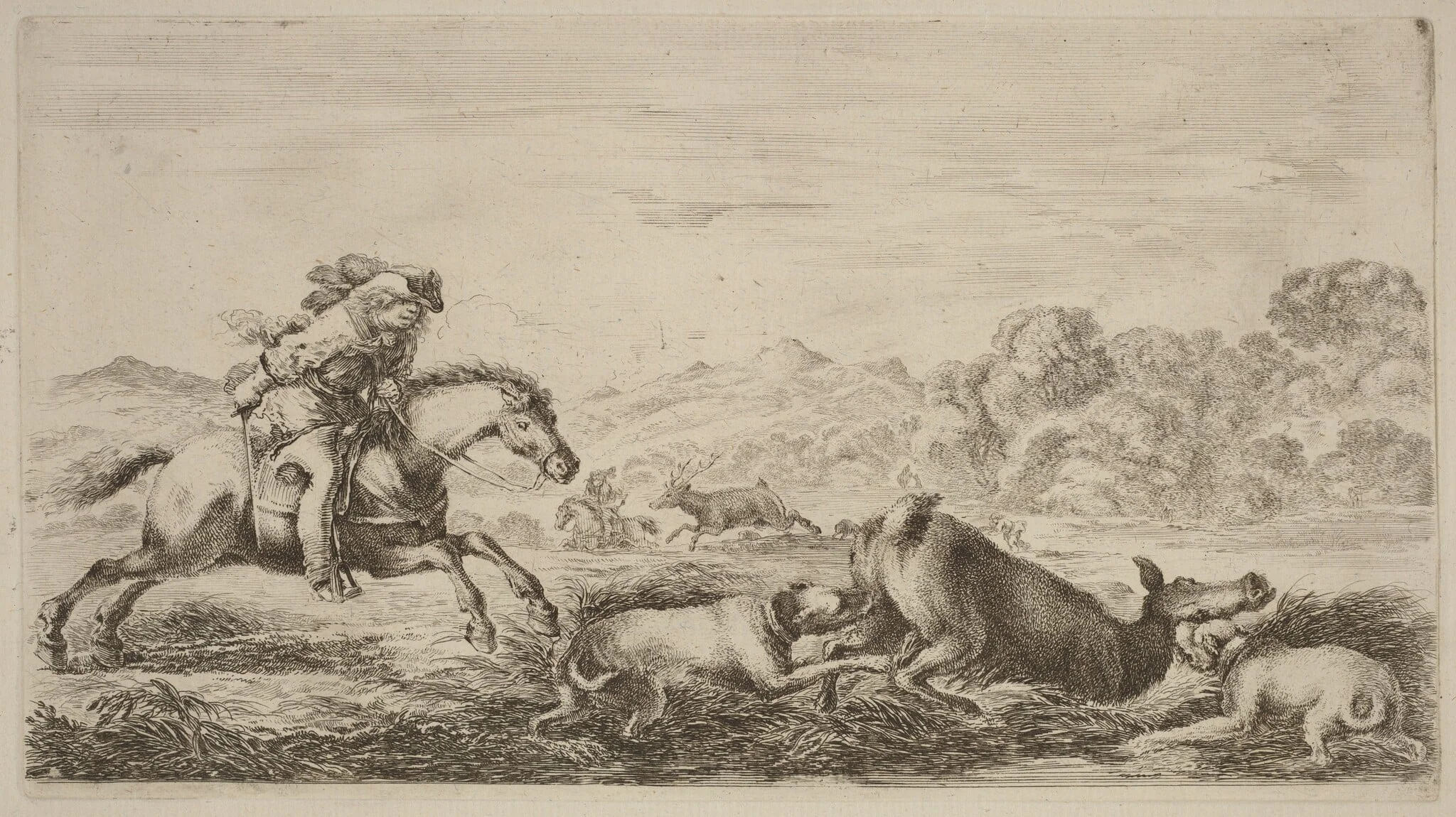 Doe in a Marsh Attacked by Two Dogs, by Stefano Della Bella, ink, 1637