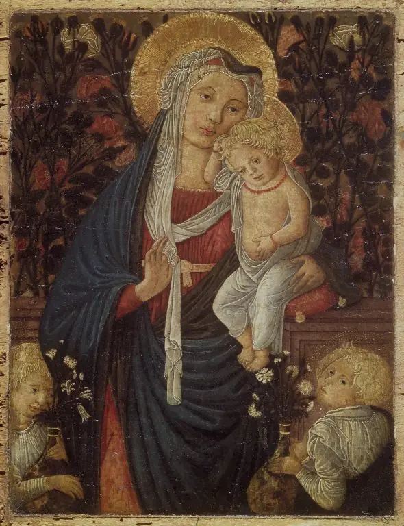 Virgin and Child with Two Angels Before a Rose Hedge