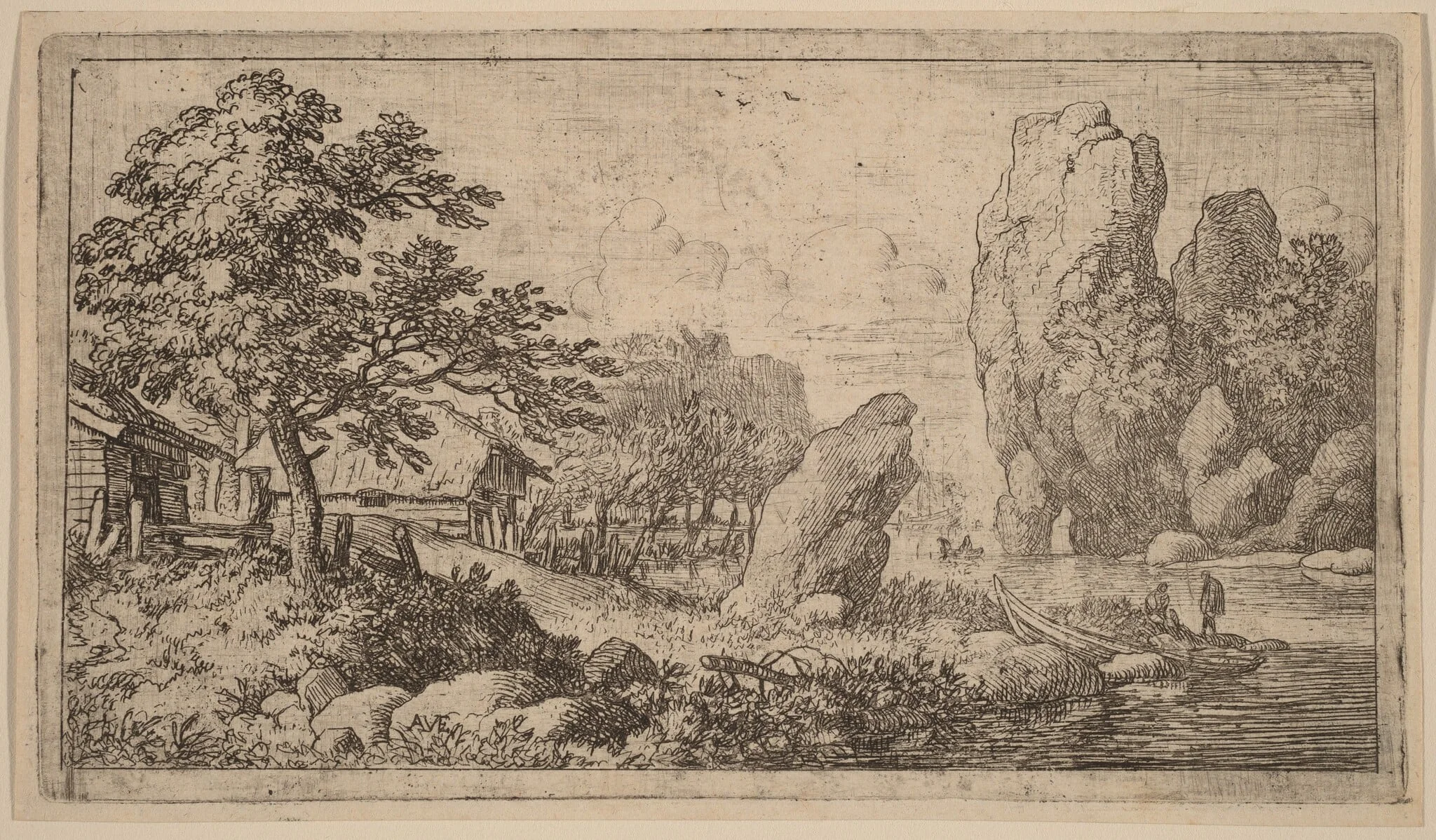 Pointed Boulder at the Bank of a River, by Allart van Everdingen, ink, 1650