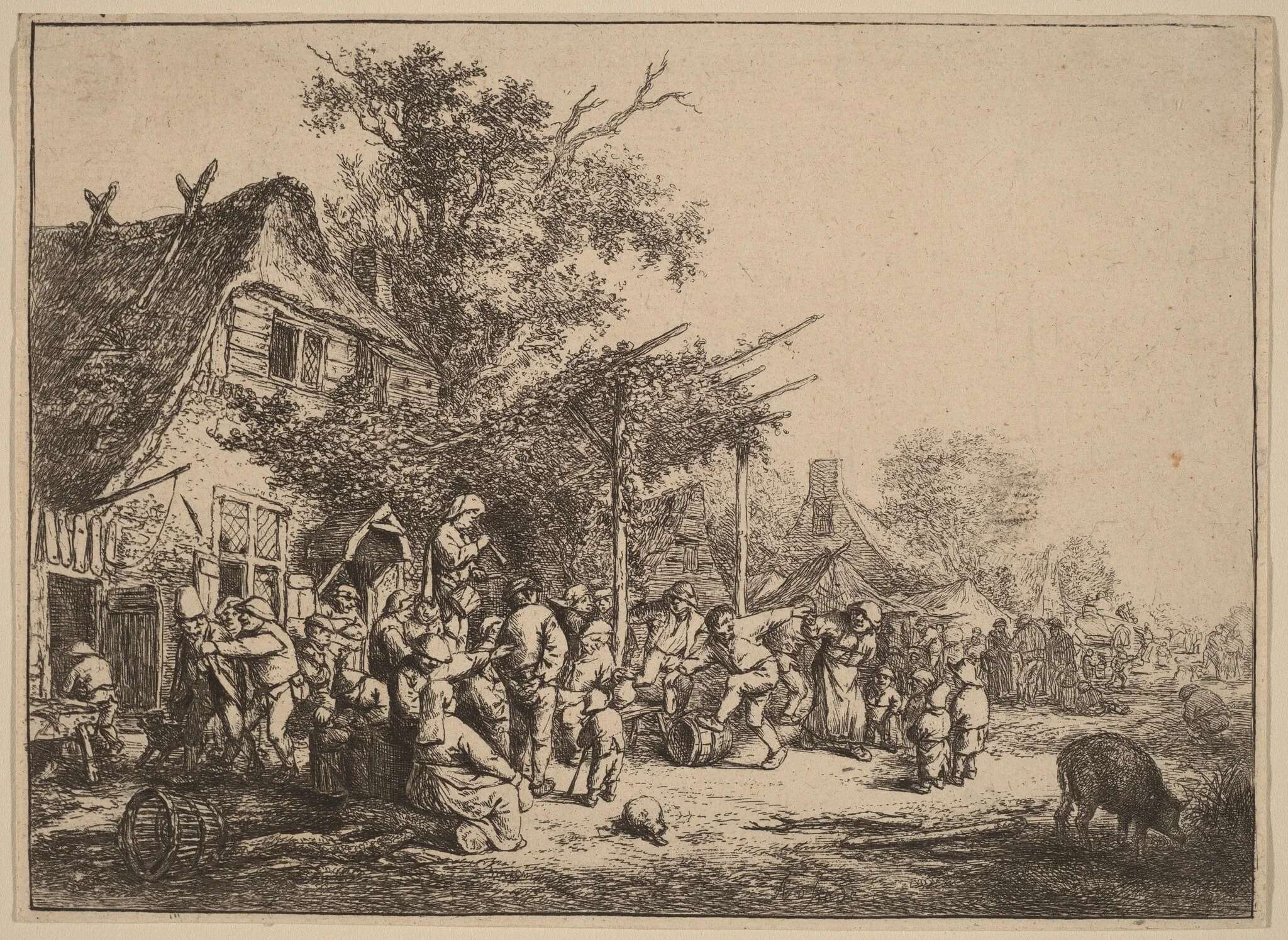Village Kermesse with Peasants Feasting Under a Pergola, by Adriaen van Ostade, ink, 1652