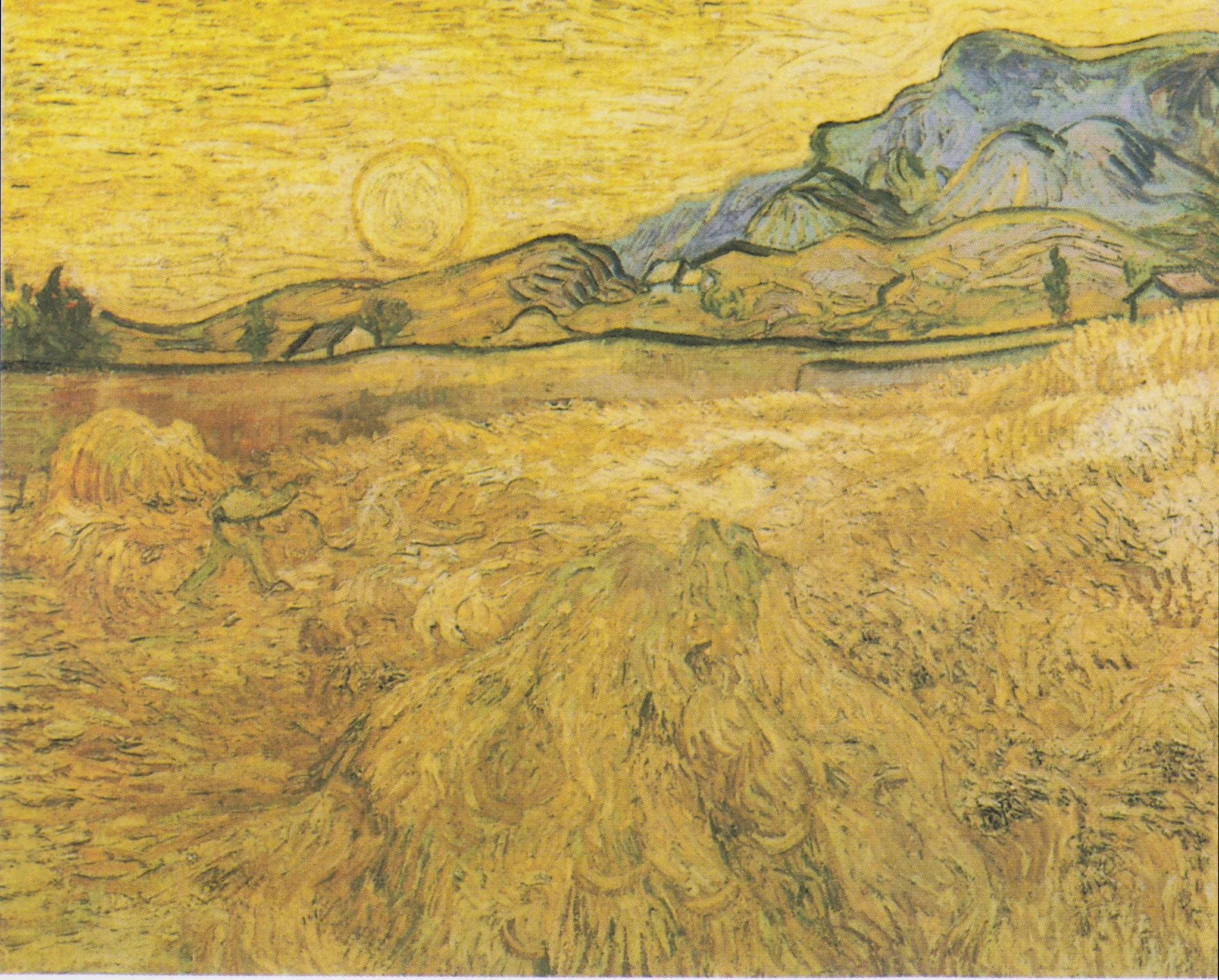 Wheat Field with Reaper and Sun, by Vincent van Gogh, oil, 1889