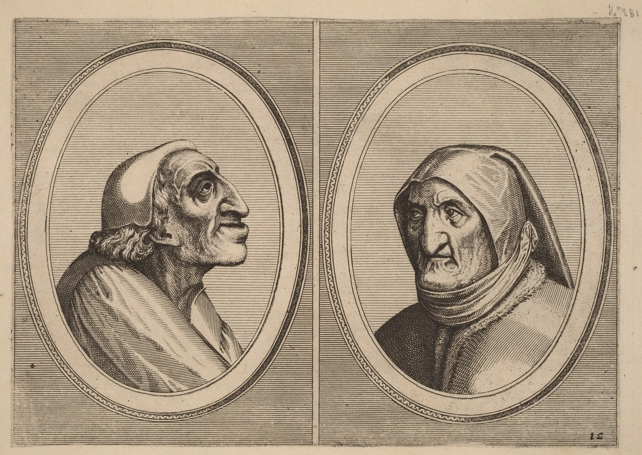 "Pater Muylaert" and "Mater Bille-bloots", by Johannes van Doetechum the Elder, ink, 1564