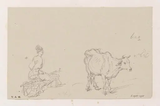 A figure seated between two baskets, and a cow